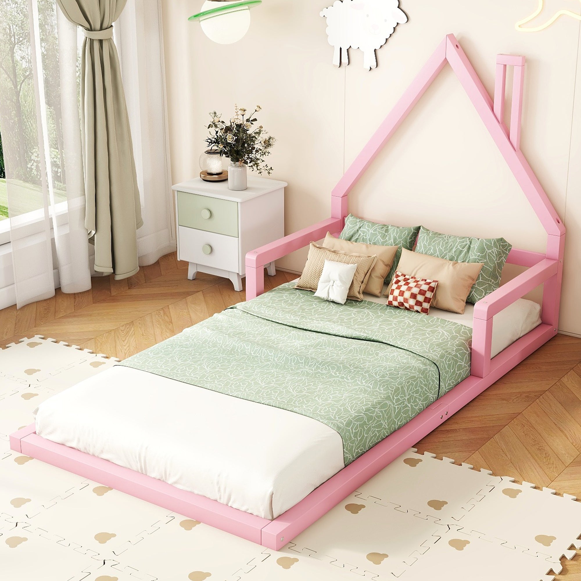 Logidon plat bed 90x200 huisvorm roze massief grenenhout