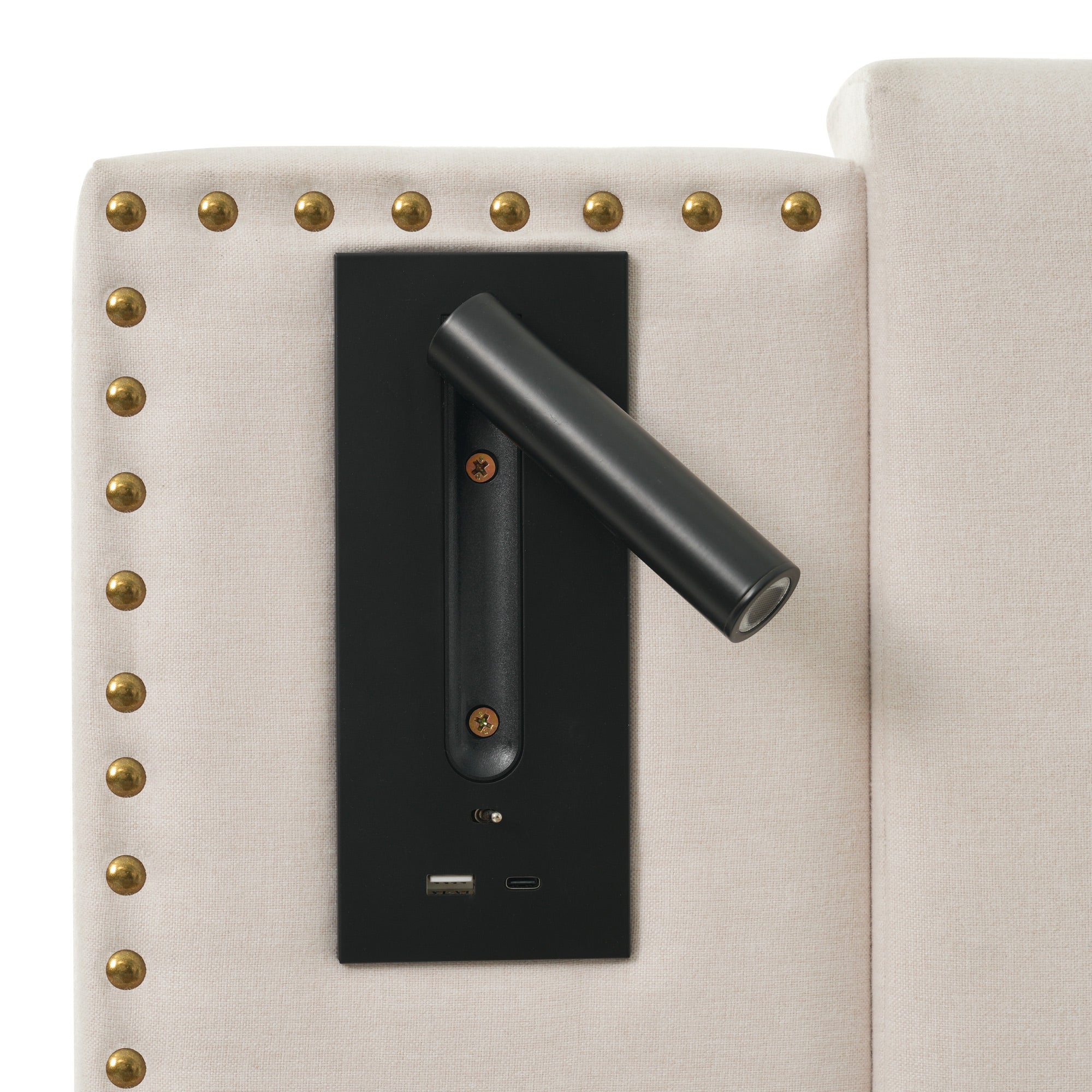 Logidon gestoffeerd bed 160x200 beige met opbergruimte en USB-leeslamp