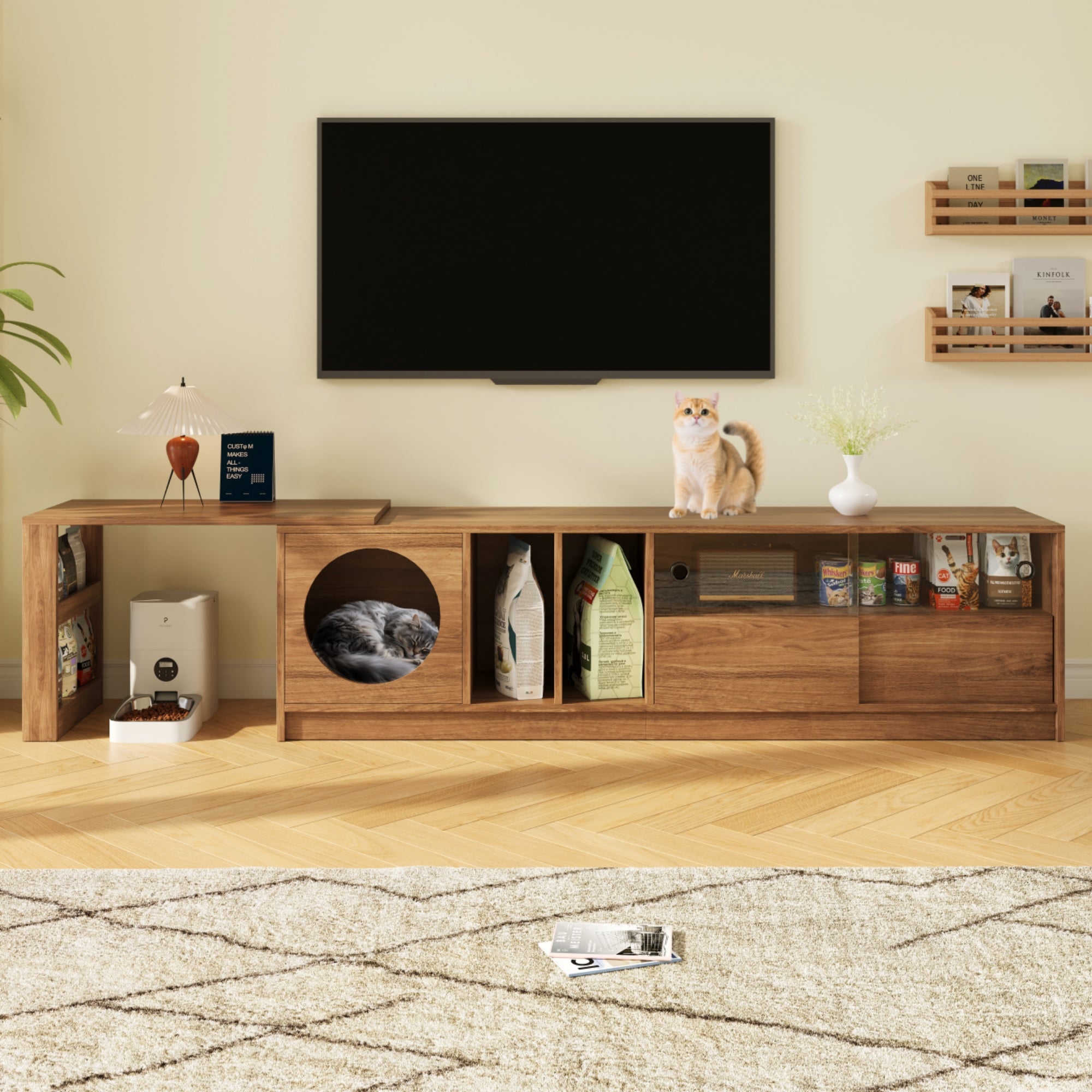 Logidon draaibaar tv-meubel 180-260 cm walnoot uitschuifbare glazen deuren