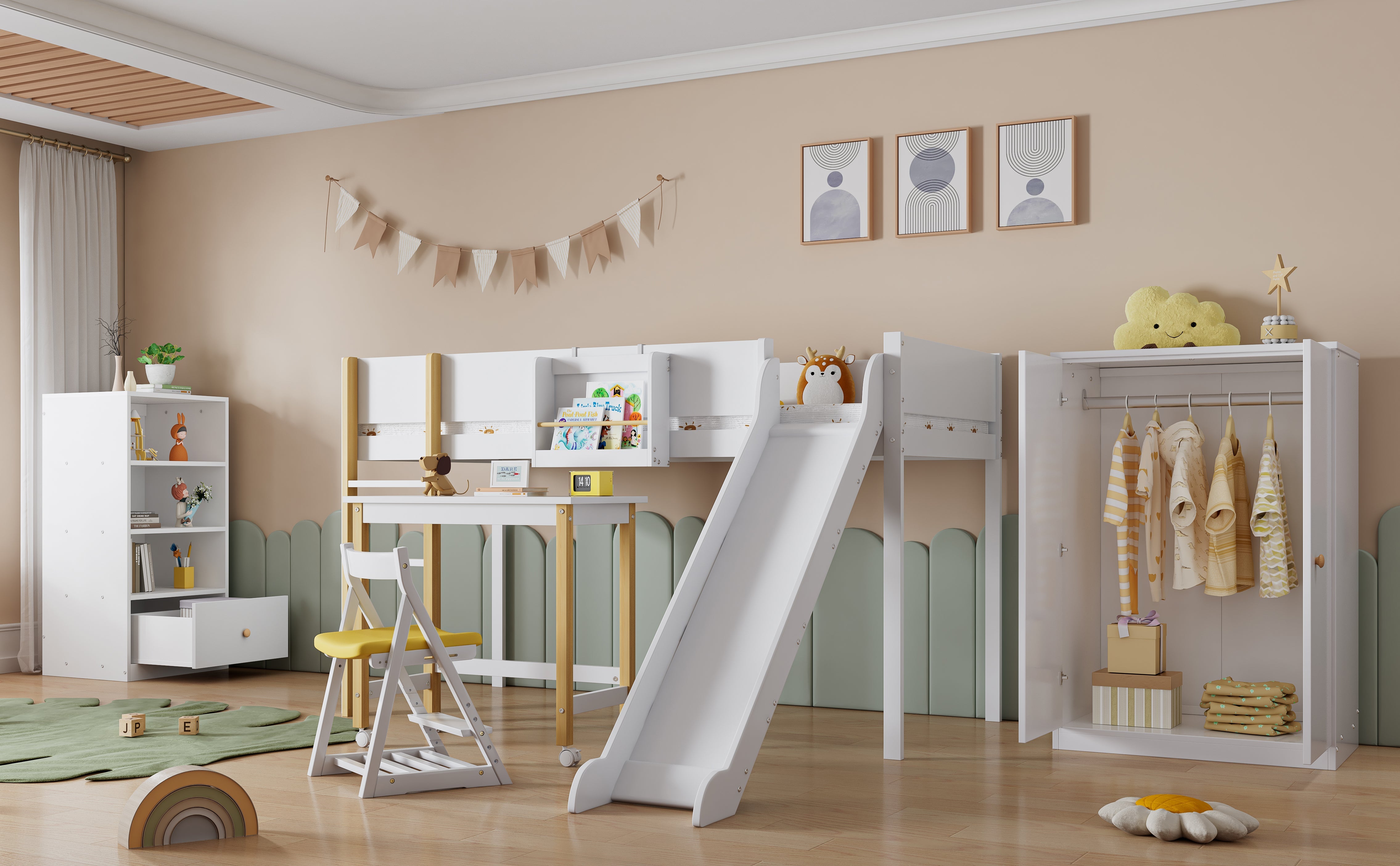 Logidon complete bedroom 3-piece loft bed with slide white/natural