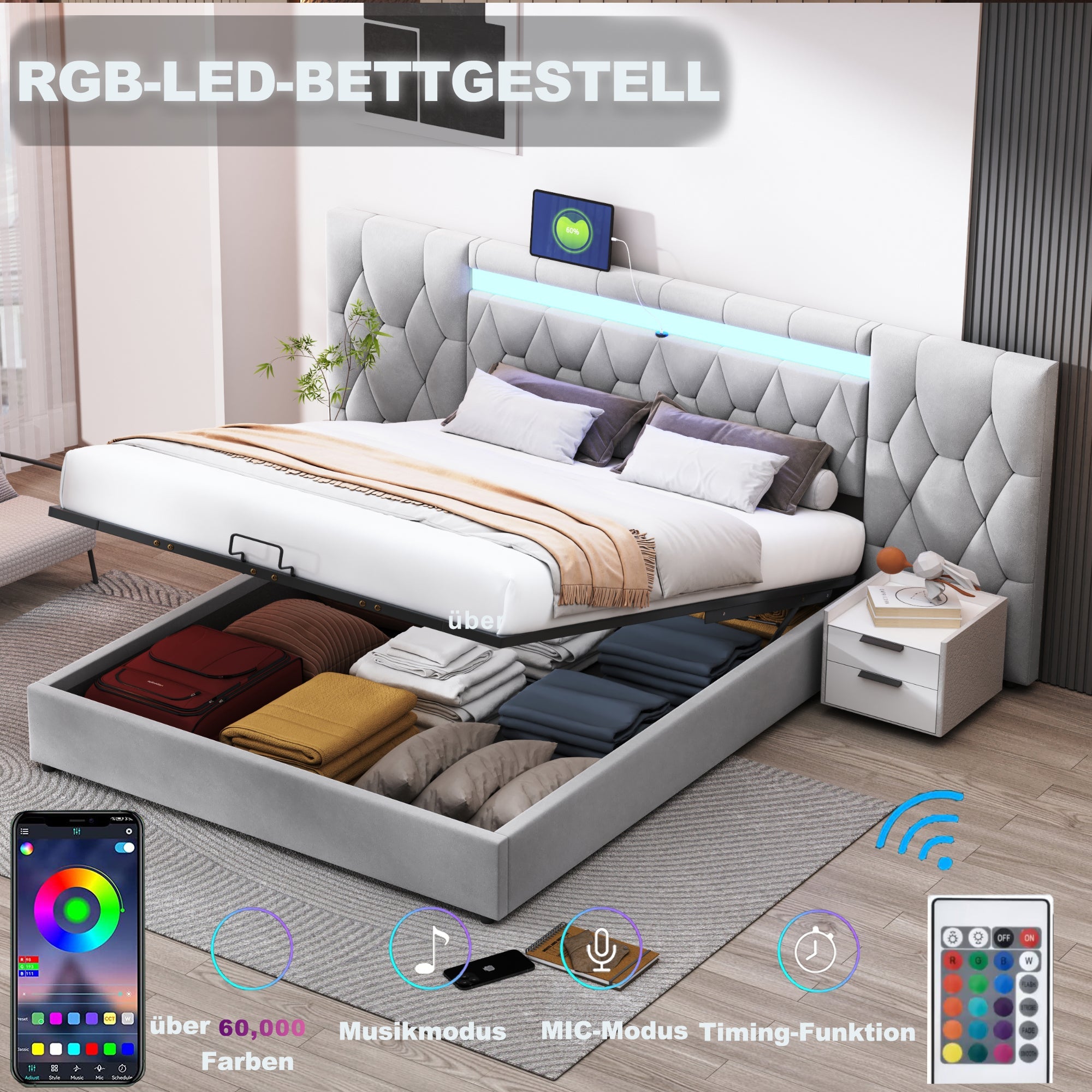 Logidon Elegant gestoffeerd bed 160x200 grijs met LED en USB opbergruimte