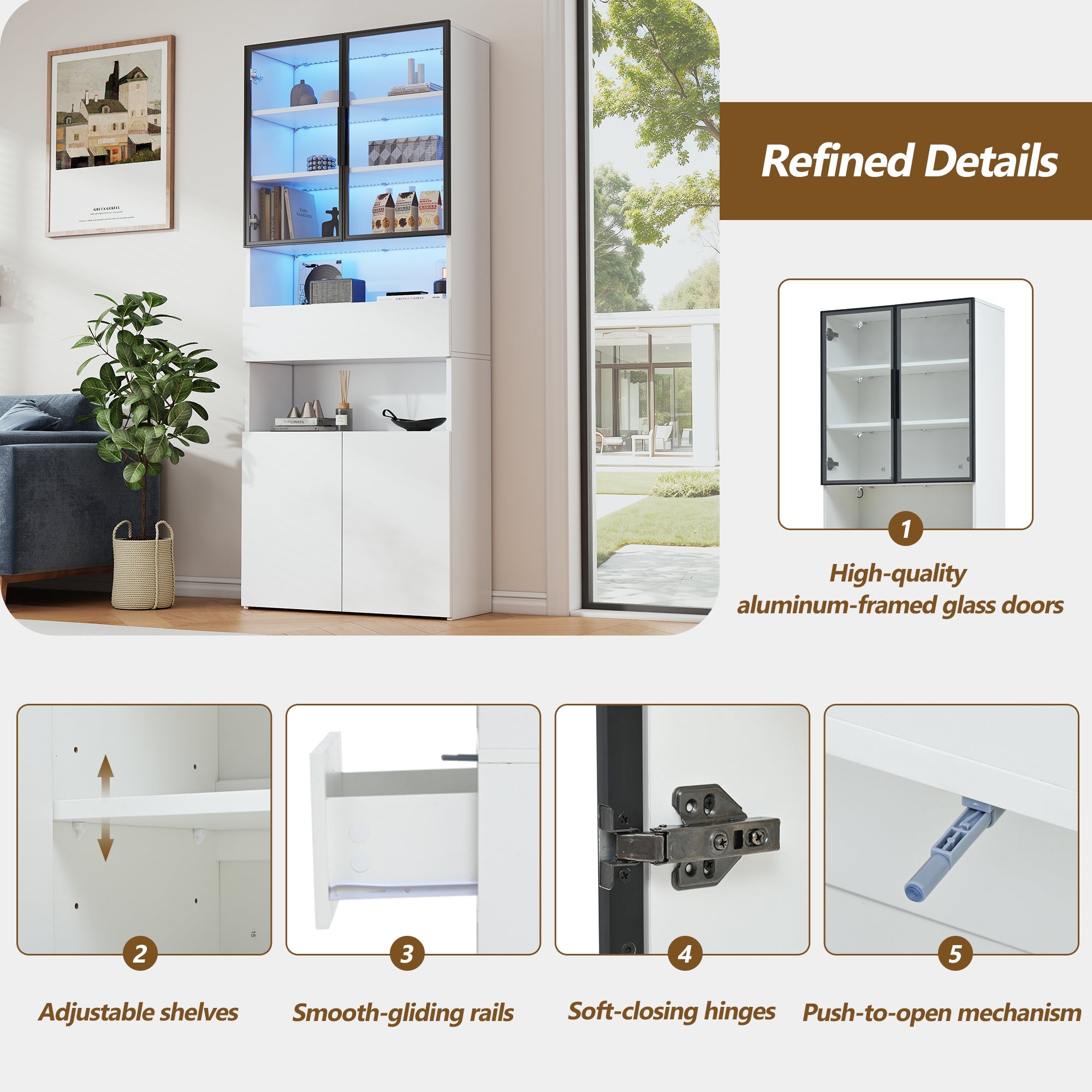 Logidon vitrinekast 70x30x200 cm witte LED glazen vitrinekast met lade