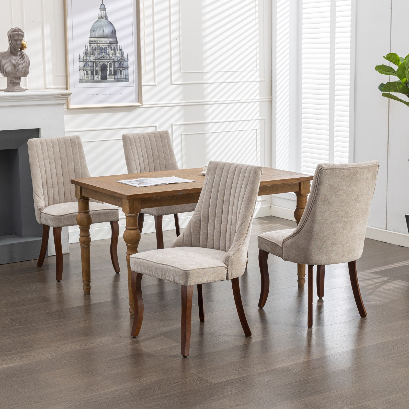 Logidon beige chenille eetkamerstoelen set van 2 massief houten poten