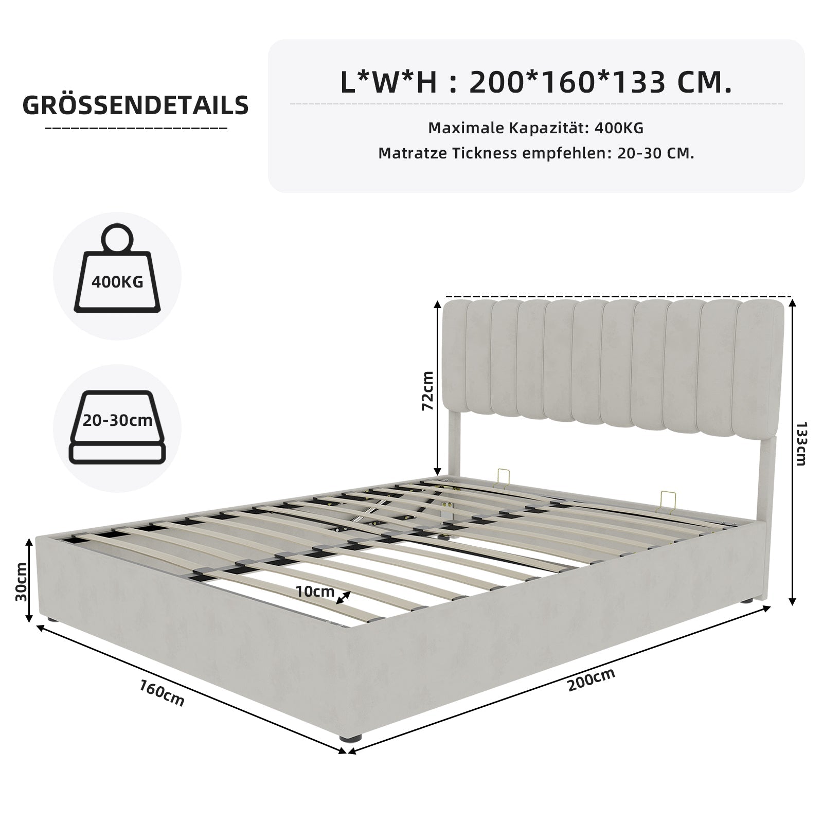 Logidon 160x200 cm gewatteerd bed beige met gasveer opbergruimte