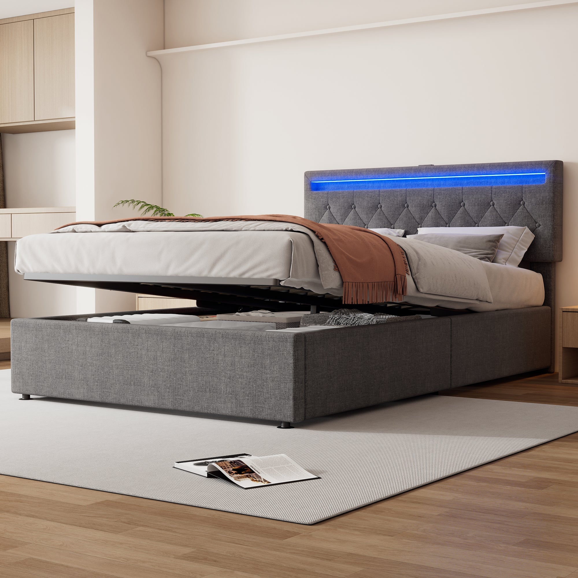 Logidon 140x200 cm gewatteerd bed met sfeerlichtopberger grijs
