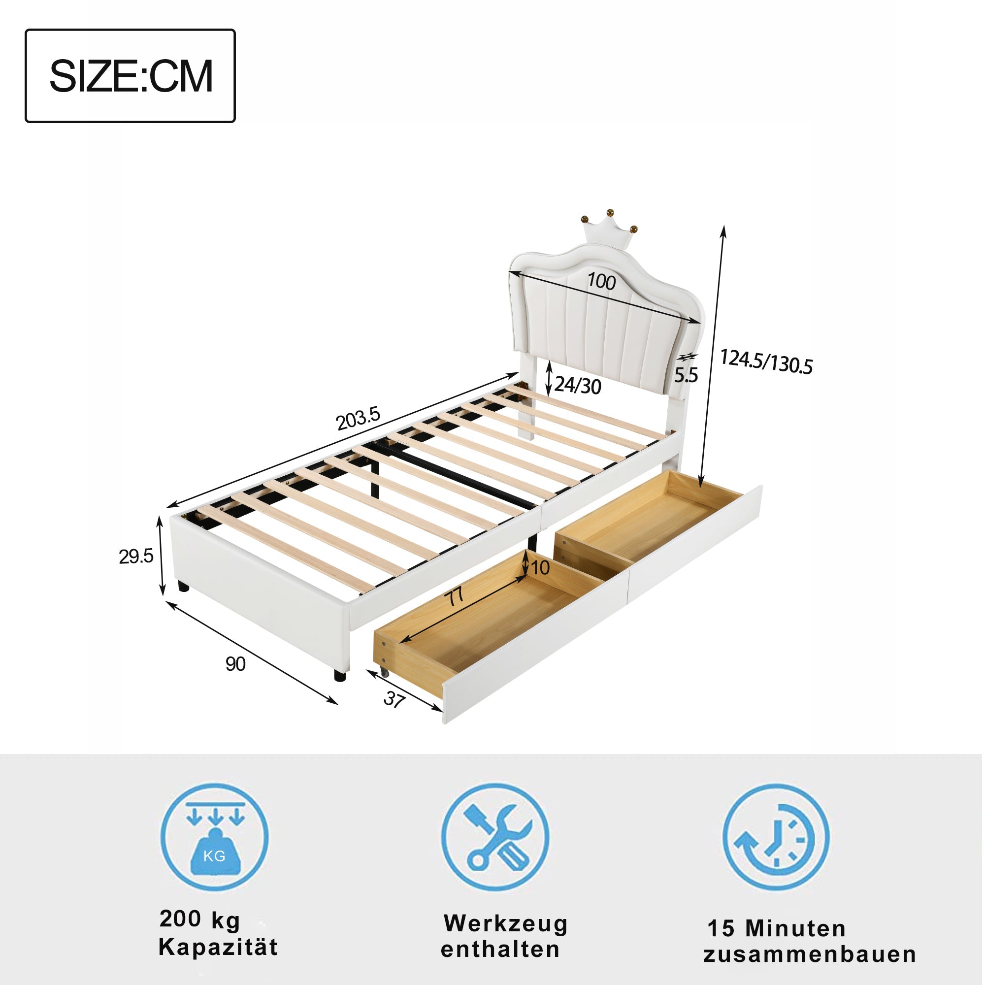 Logidon kinderbed 90x200 wit kroonbedframe LED opbergruimte