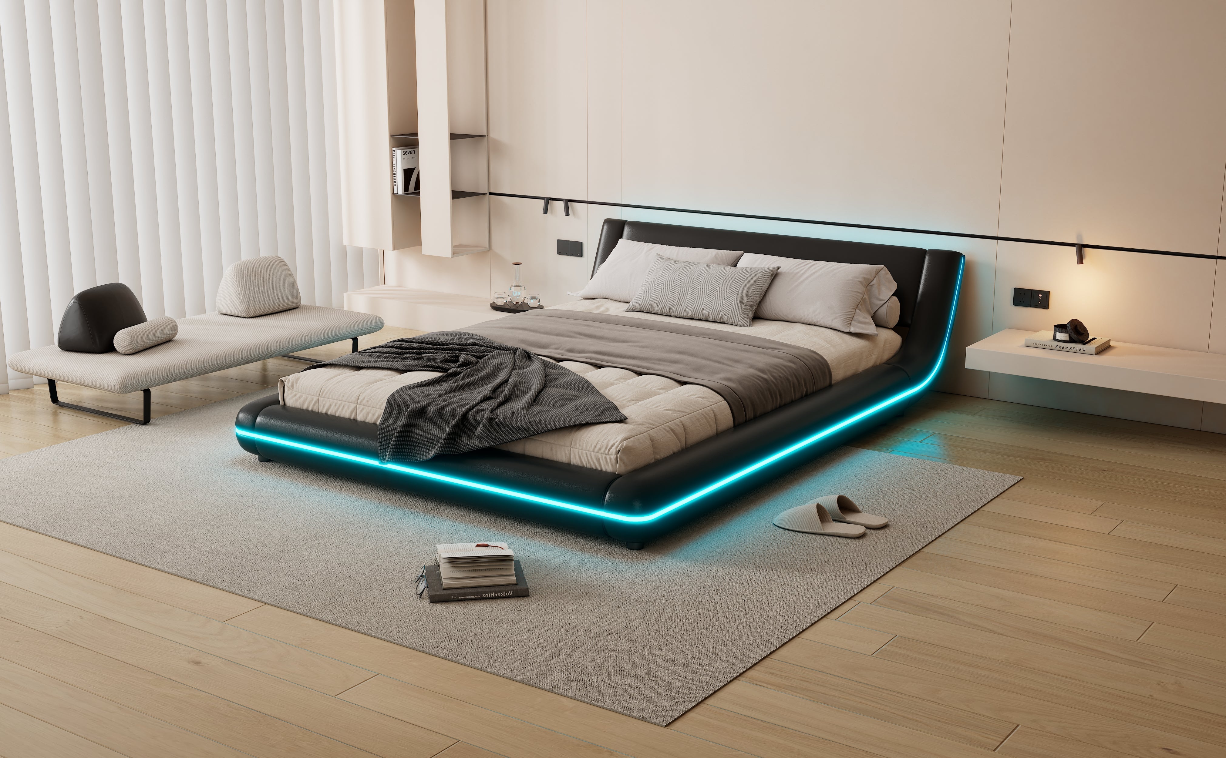 Logidon flat bed 140x200 cm faux leather black LED lighting