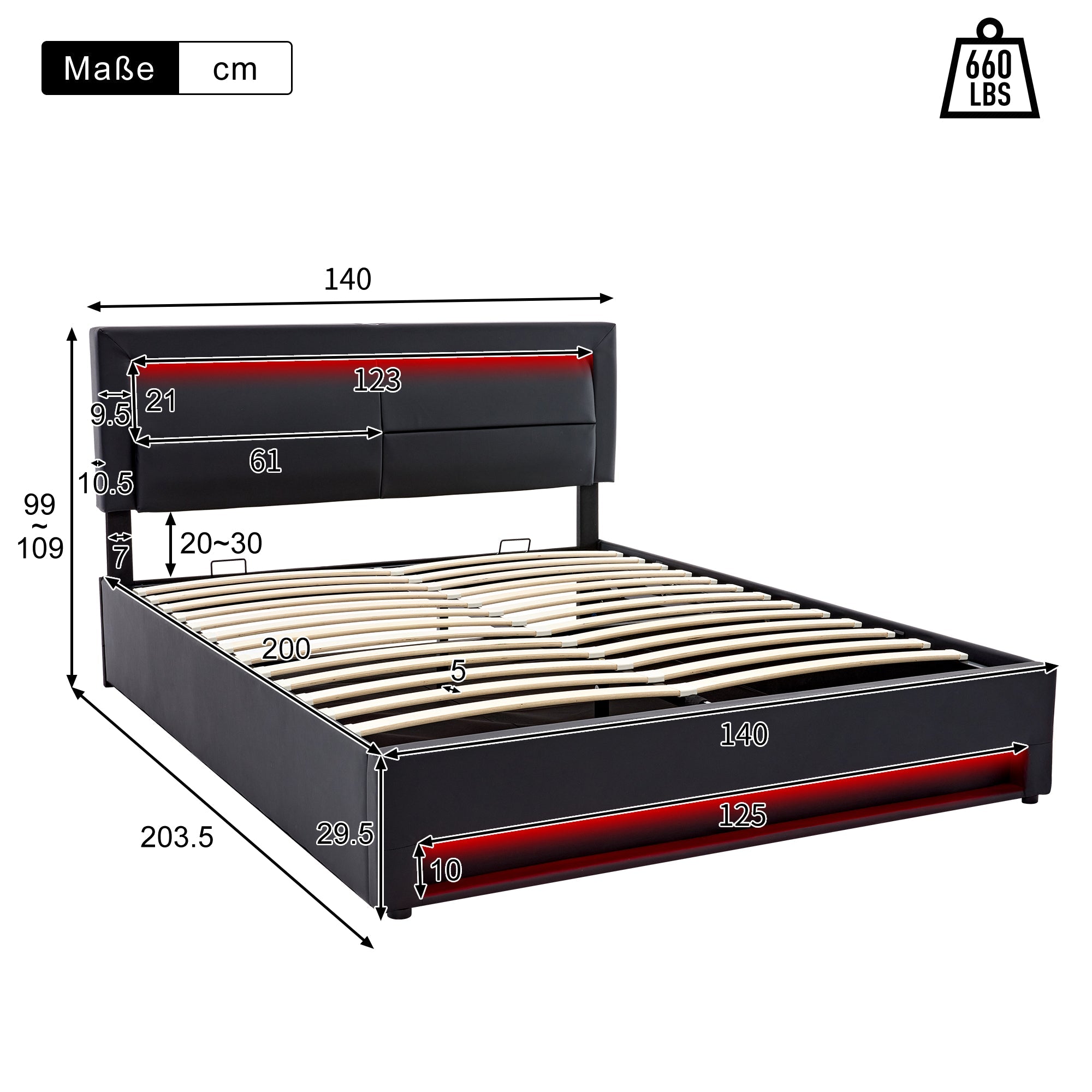 Logidon gestoffeerd bed 140x200 zwarte LED USB-oplaadpoort opbergruimte
