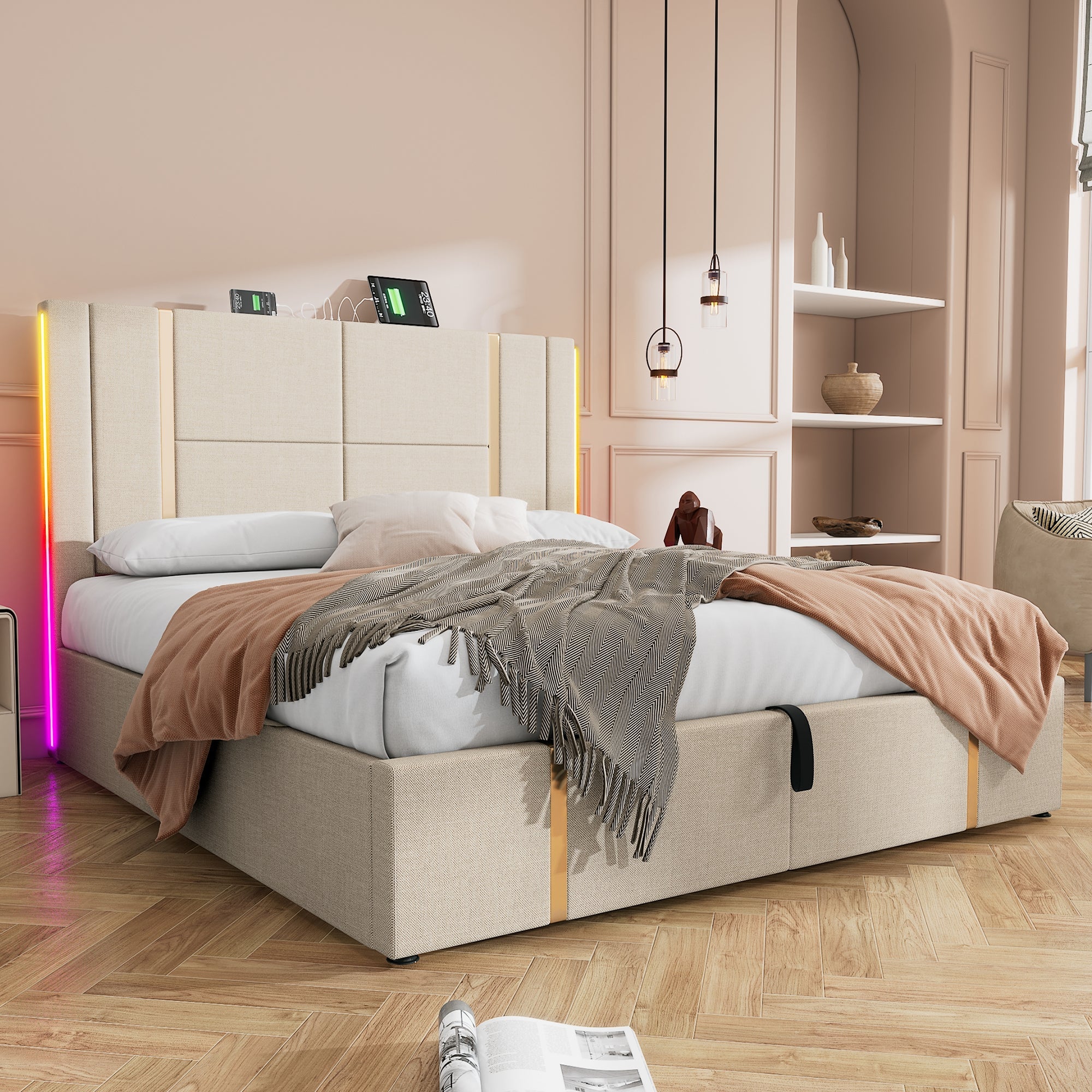 Logidon double bed 140x200 USB C charging function APP LED beige linen