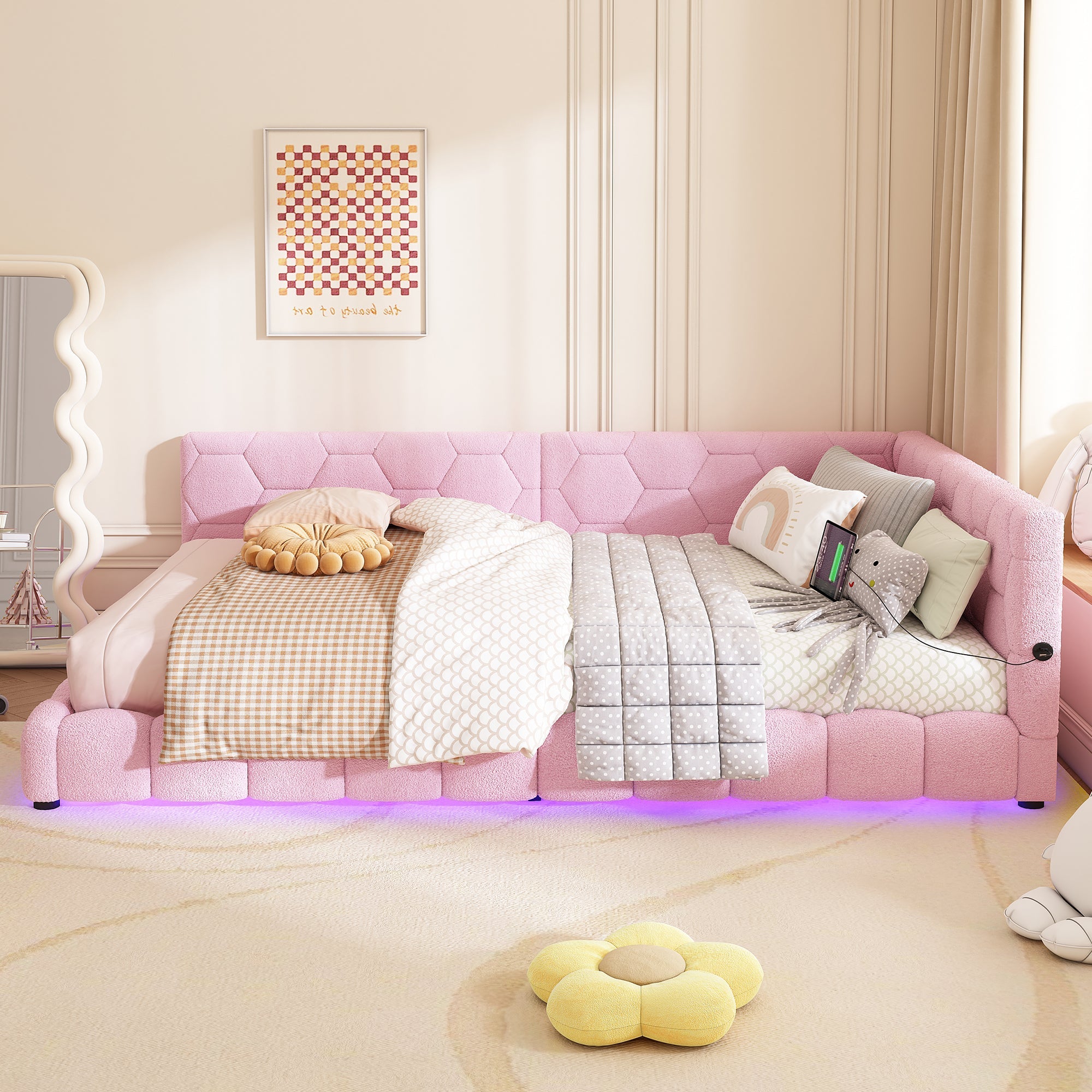 Logidon Daybed 140x200cm slaapbank roze fluweel met lattenbodem