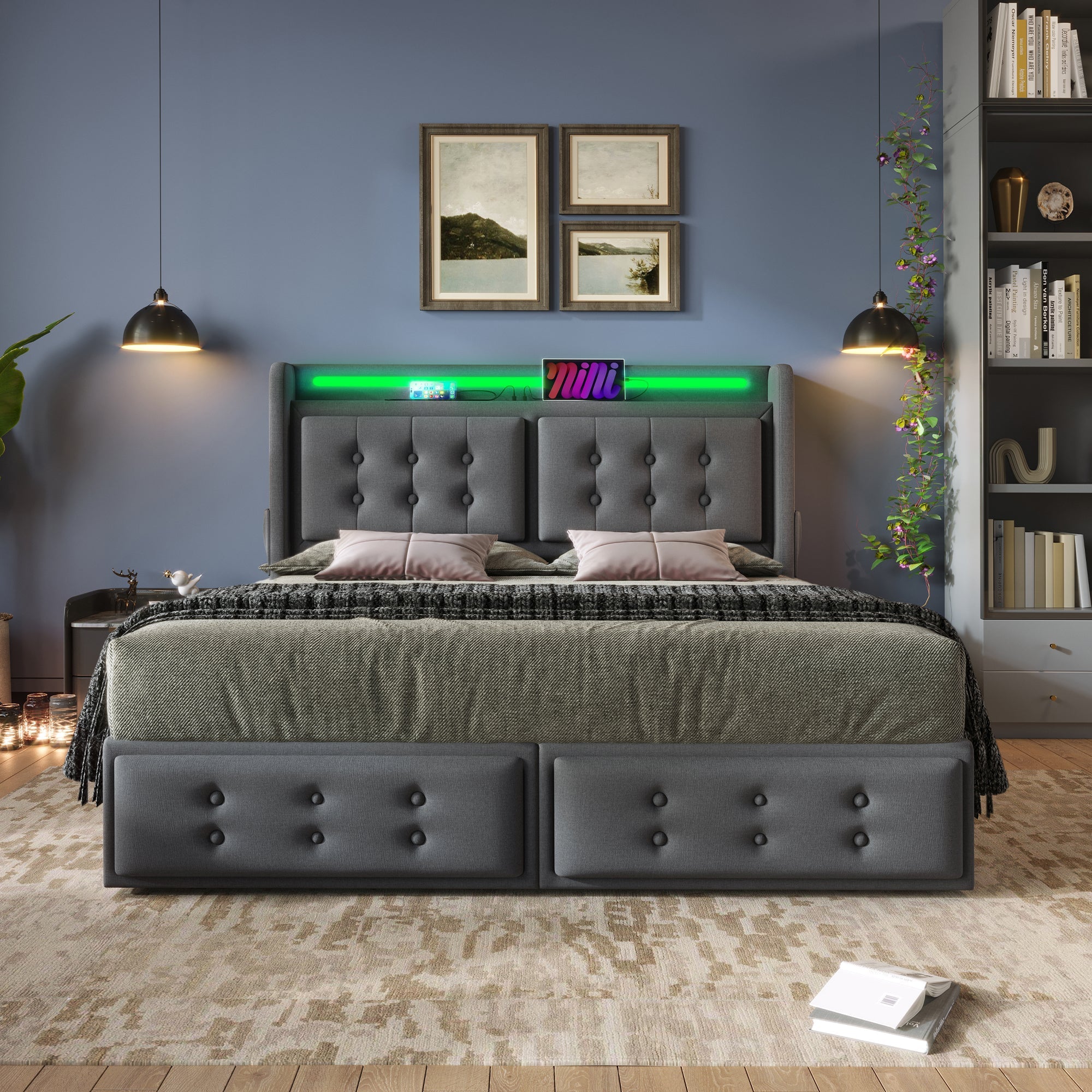 Logidon gestoffeerd bed 180x200 grijs met LED hoofdeinde USB-C 4 lades