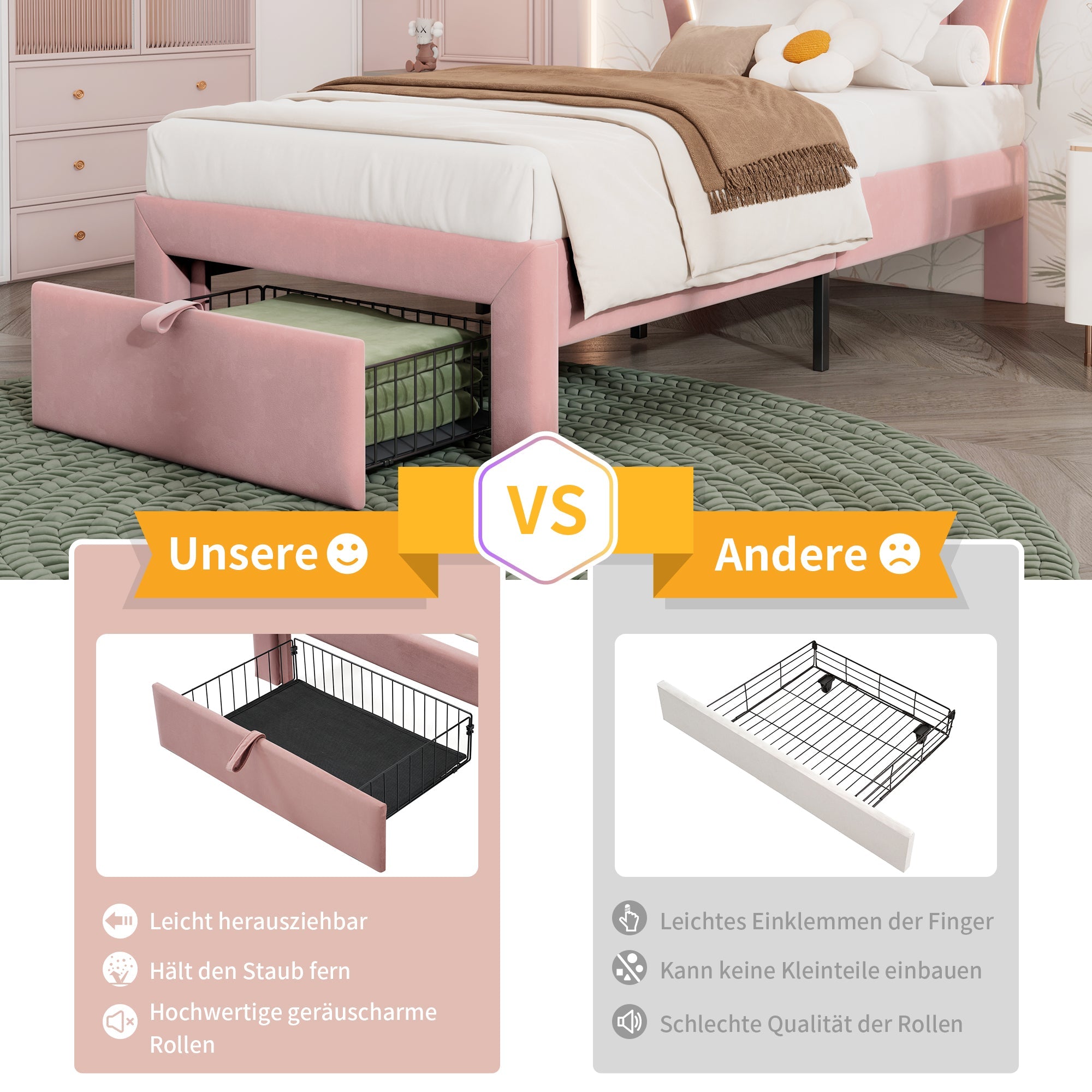 Logidon kinderbed LED 90x190 roze fluweel gestoffeerd bed met lades