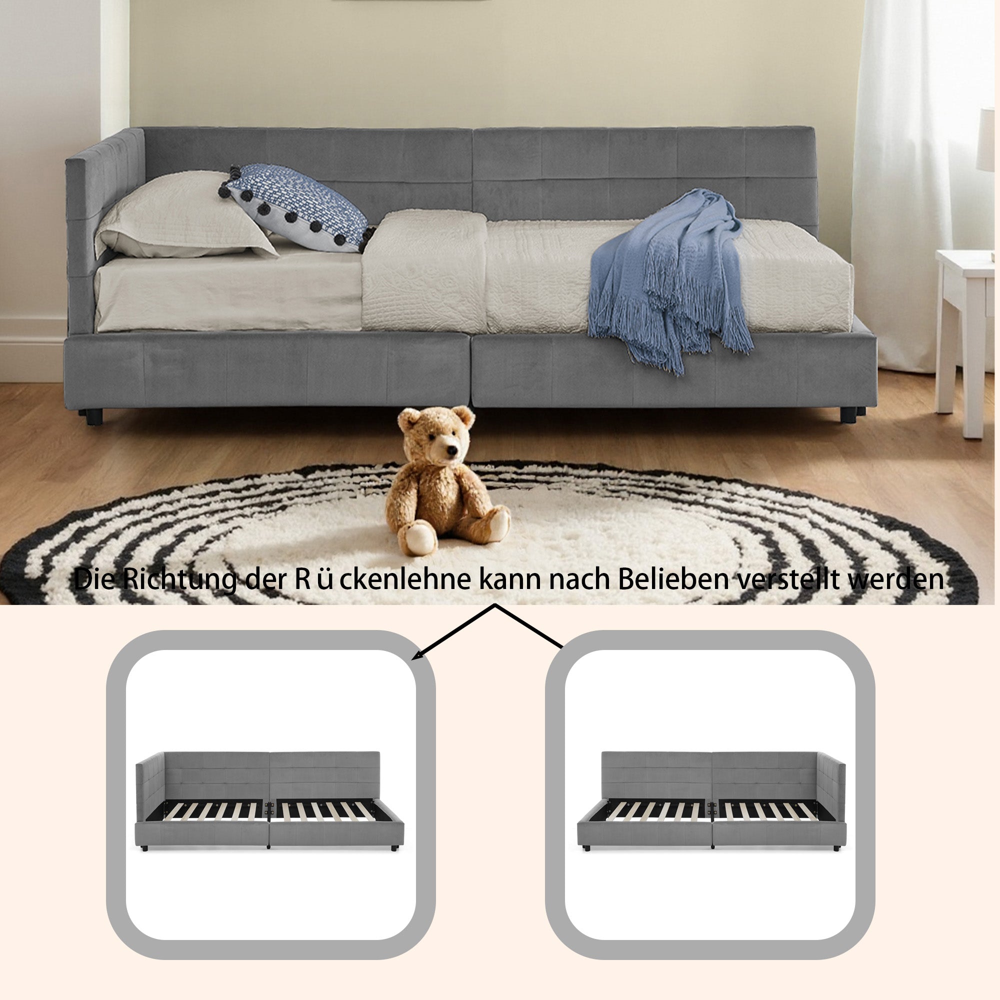 Logidon single bed 90x200 cm velvet dark gray high back