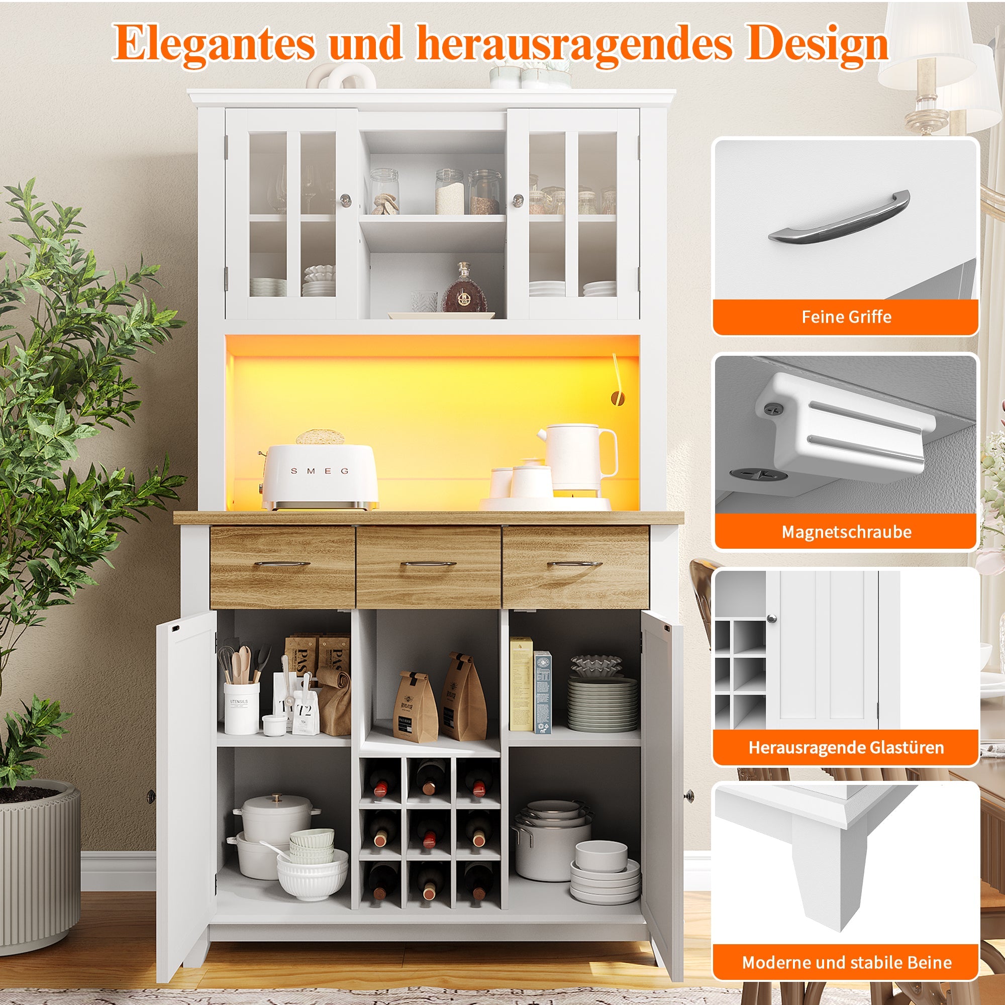 Logidon keukenkast vitrinekast 106x40x179cm met LED licht naturel wit