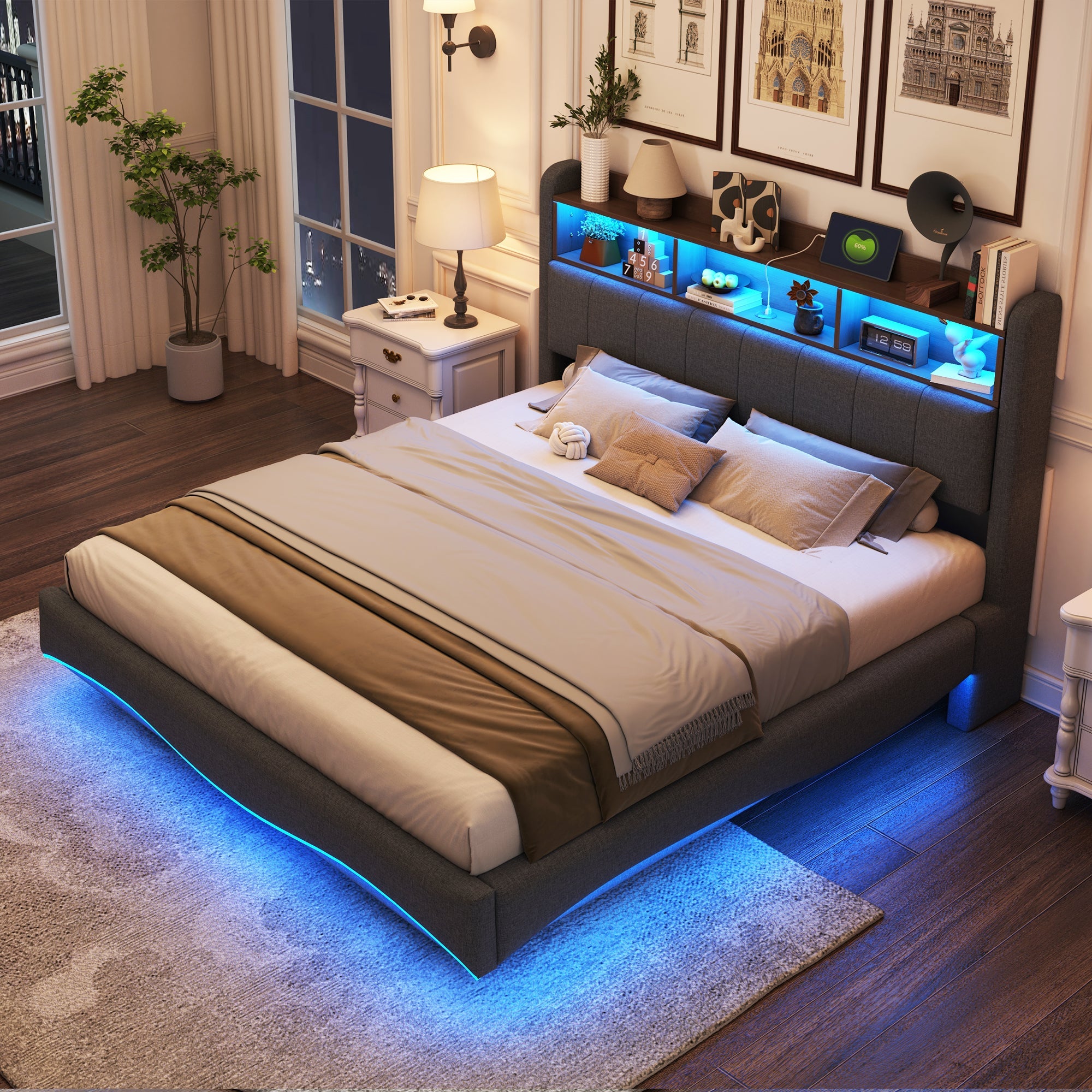 Logidon hangend gestoffeerd bed 160x200 grijs met LED-licht USB TypeC