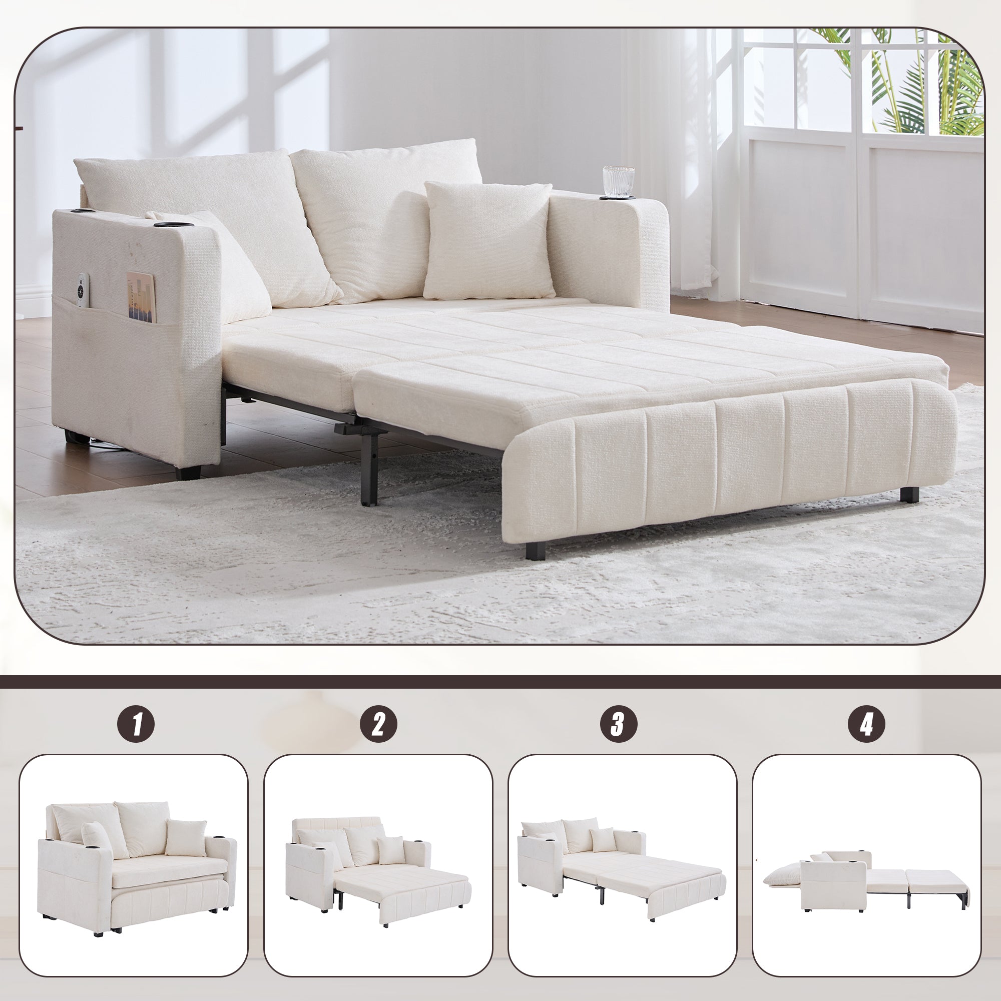 Logidon Beige Fluweel Multifunctionele Stoffen Bank Uitschuifbaar USB