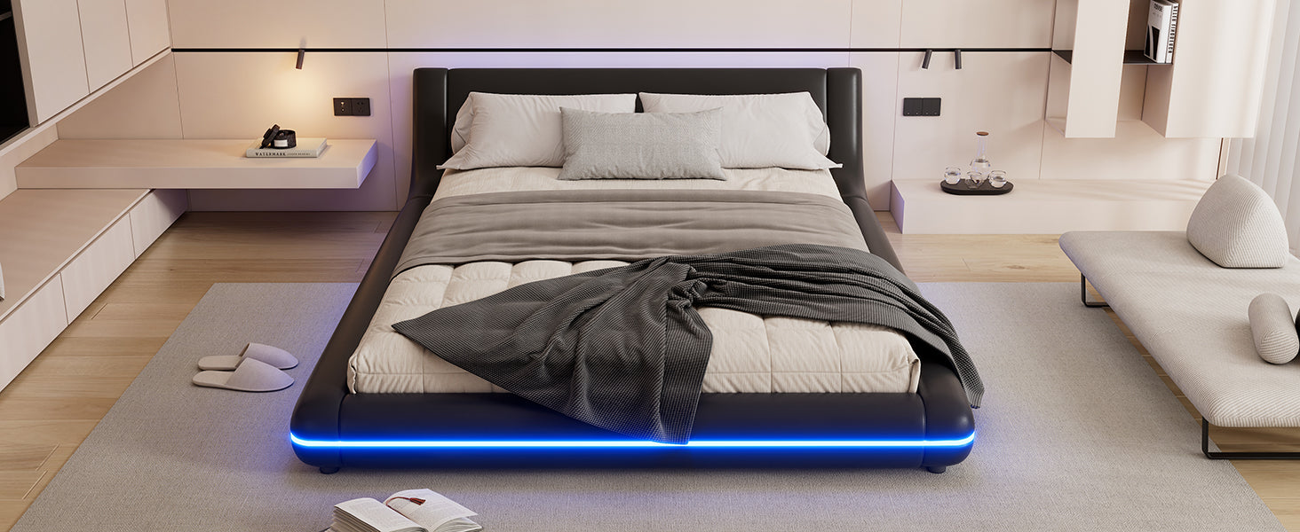 Logidon flat bed 140x200 cm faux leather black LED lighting