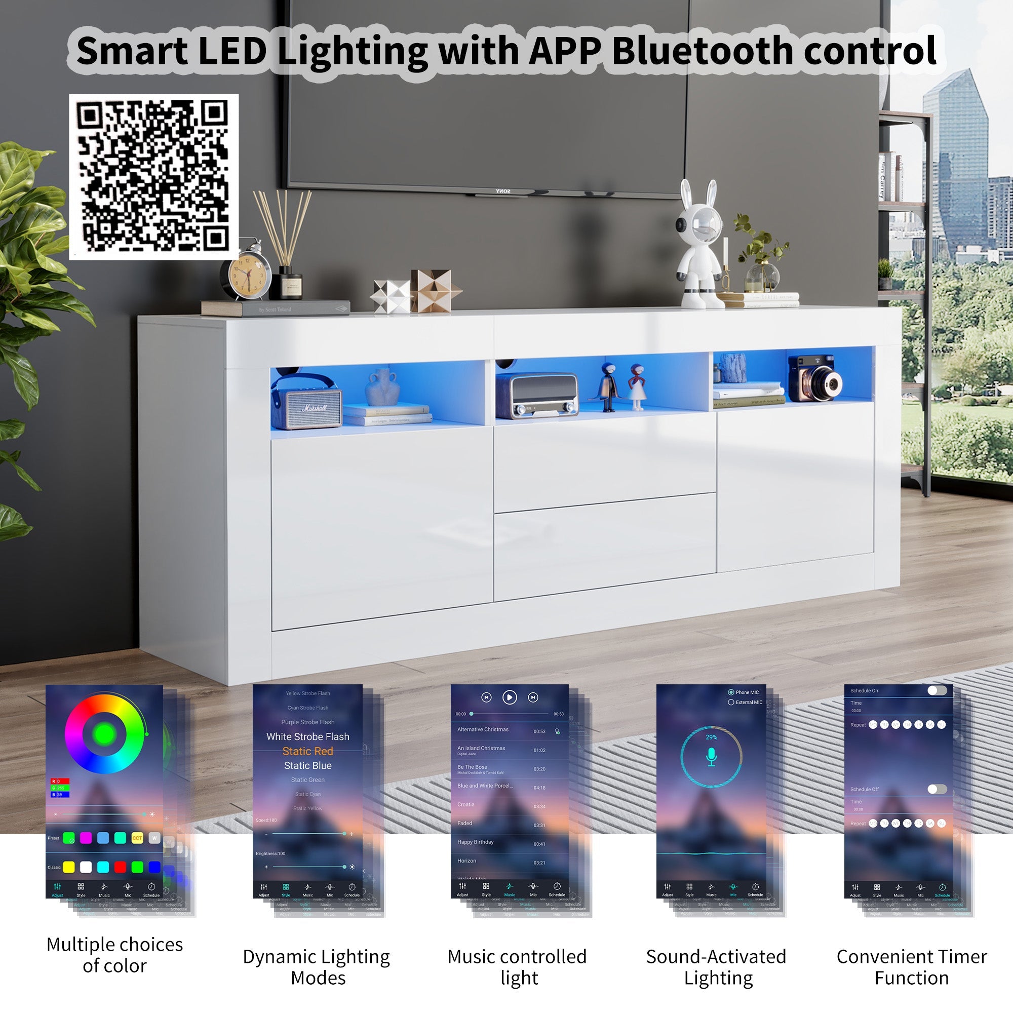 Logidon white high-gloss TV cabinet 160x35x60 cm with LED lighting
