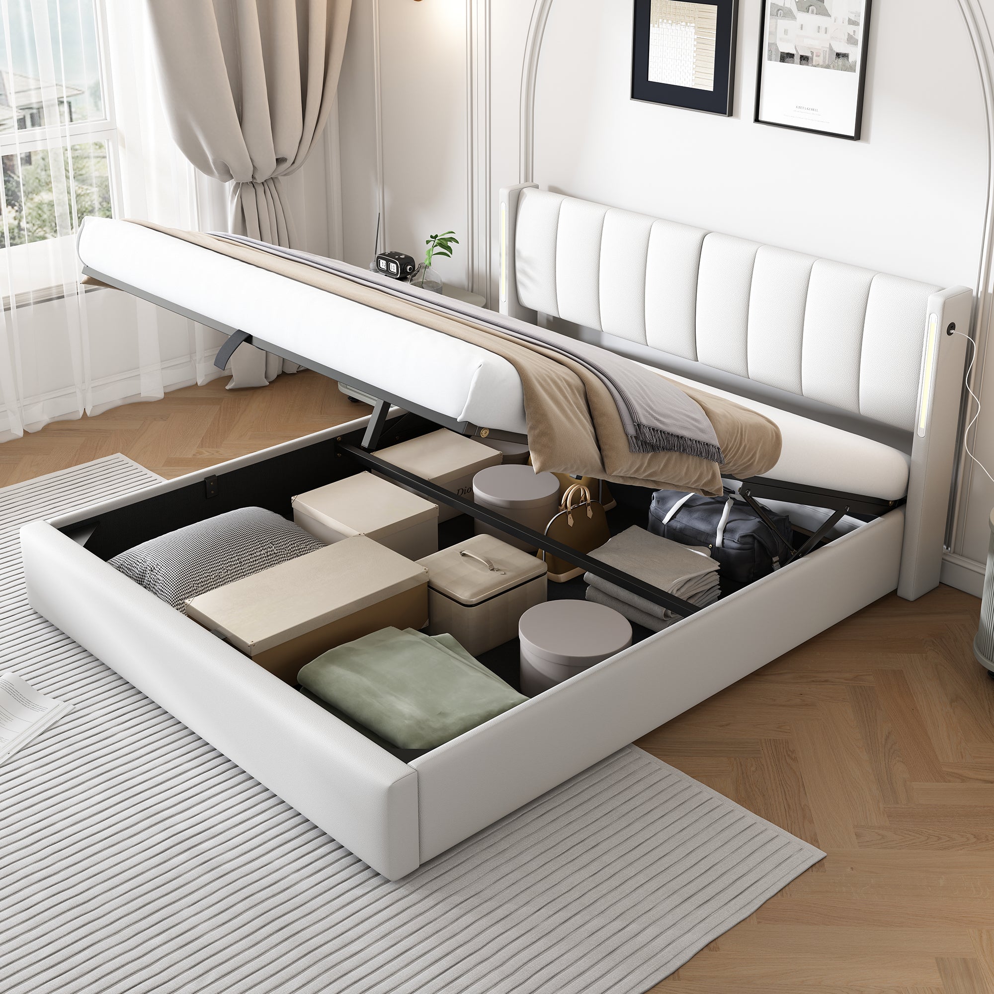 Logidon Binaural LED gestoffeerd bed 160 x 200 cm wit met opbergruimte