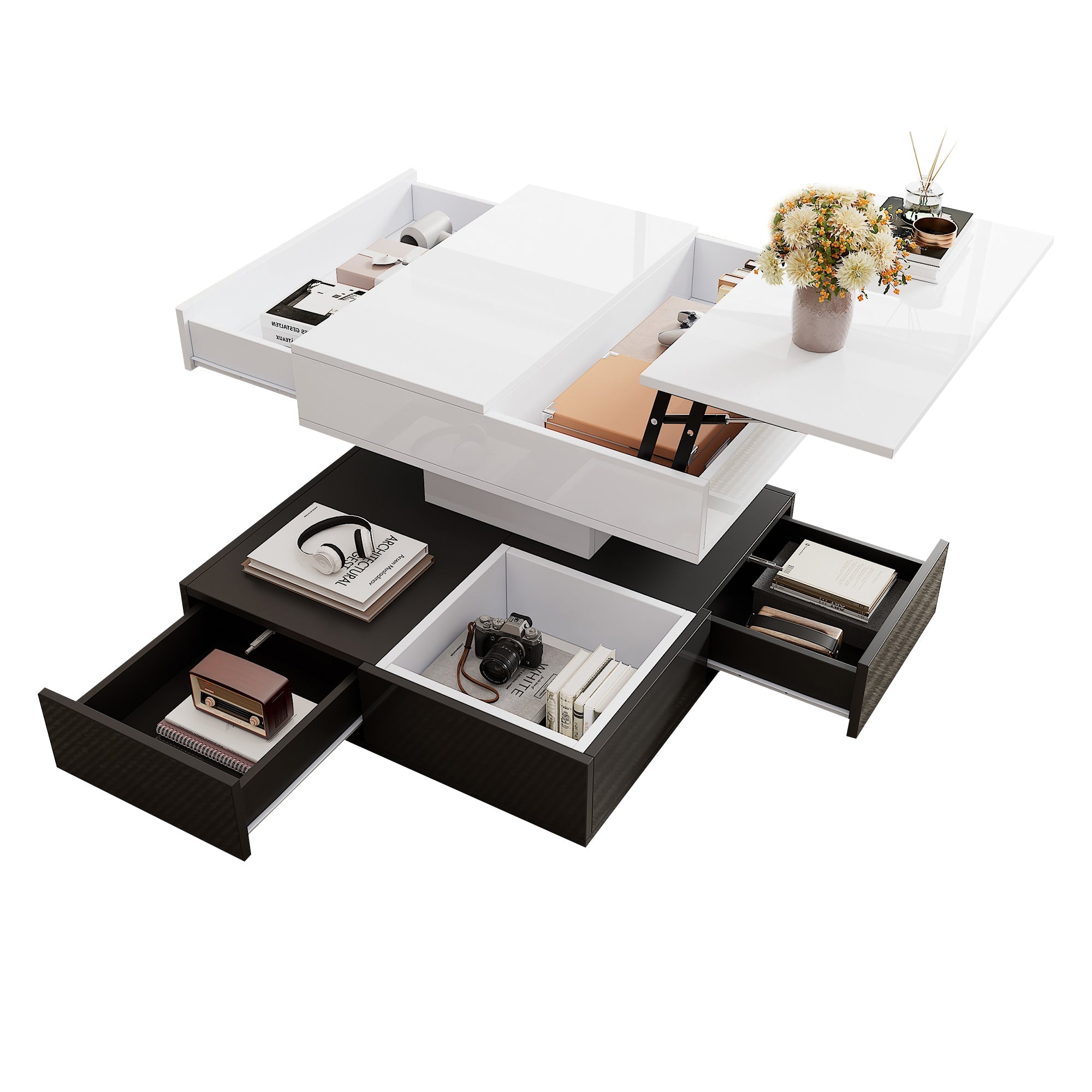 Logidon salontafel 70x70 hefblad 360 graden draaibaar 3 lades wit