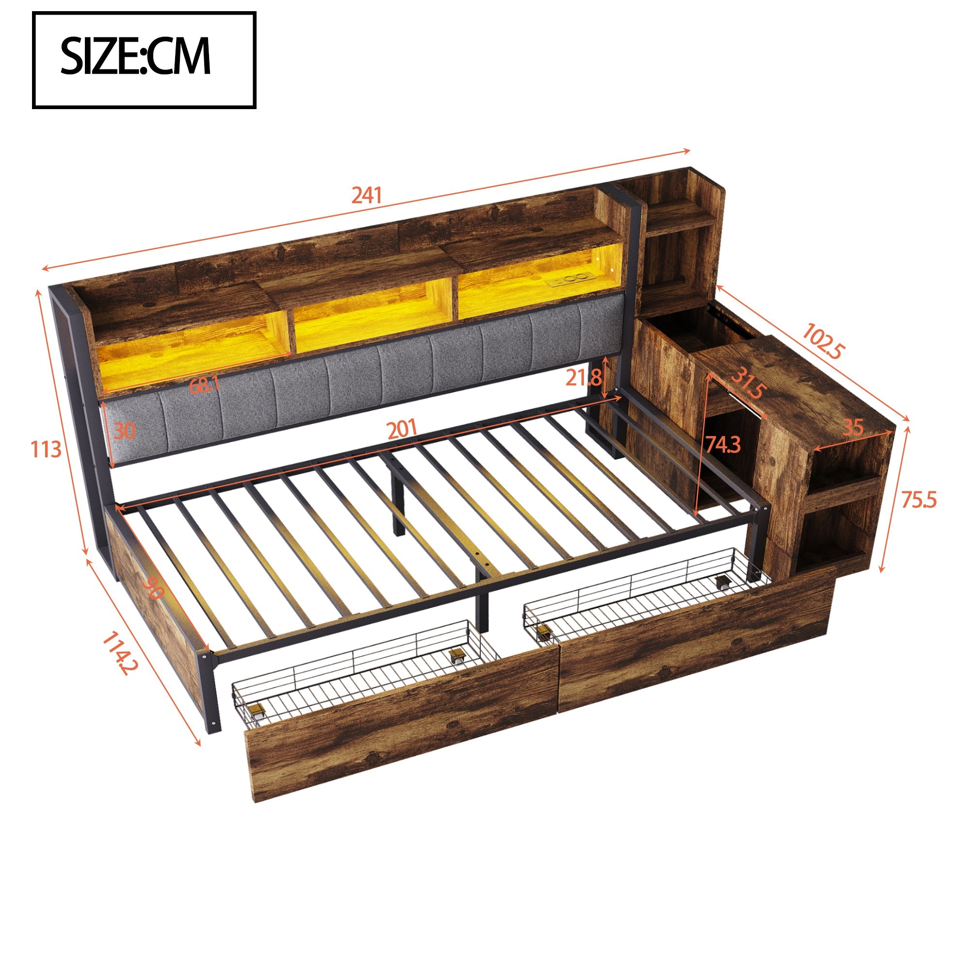 Logidon ijzeren slaapbank 90 x 200 cm houtlook opbergruimte LED
