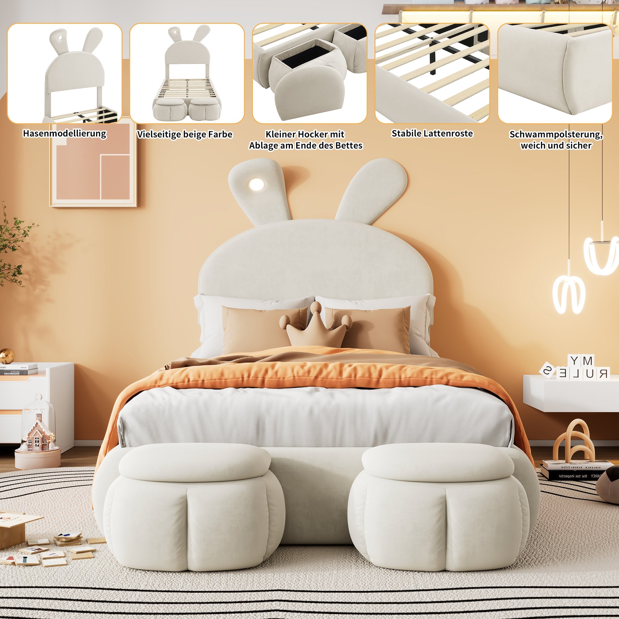Logidon gestoffeerd bed 90x200 beige fluwelen opbergkruk met konijnenoren