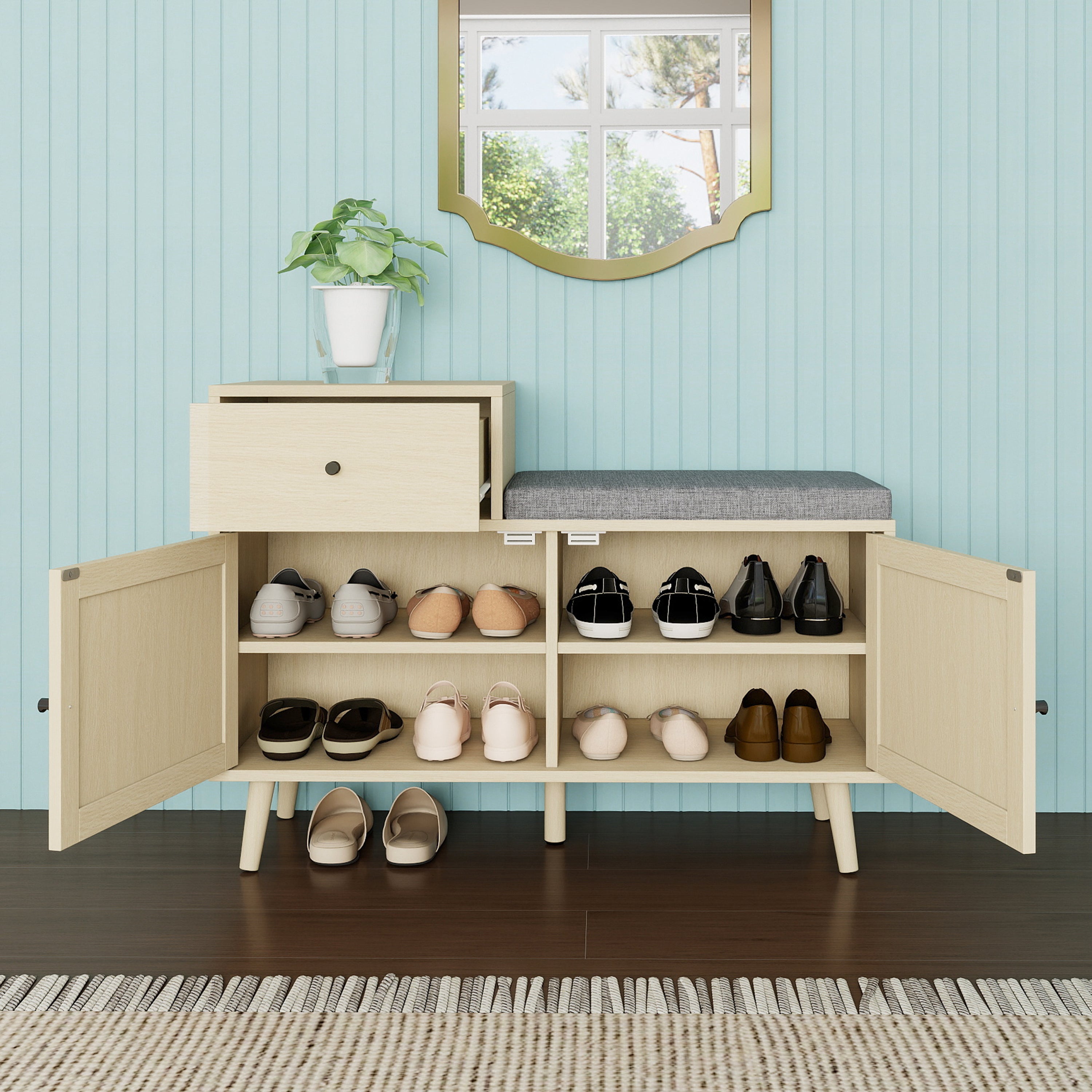Logidon Boho shoe bench with rattan doors and drawer 90x35x65 cm