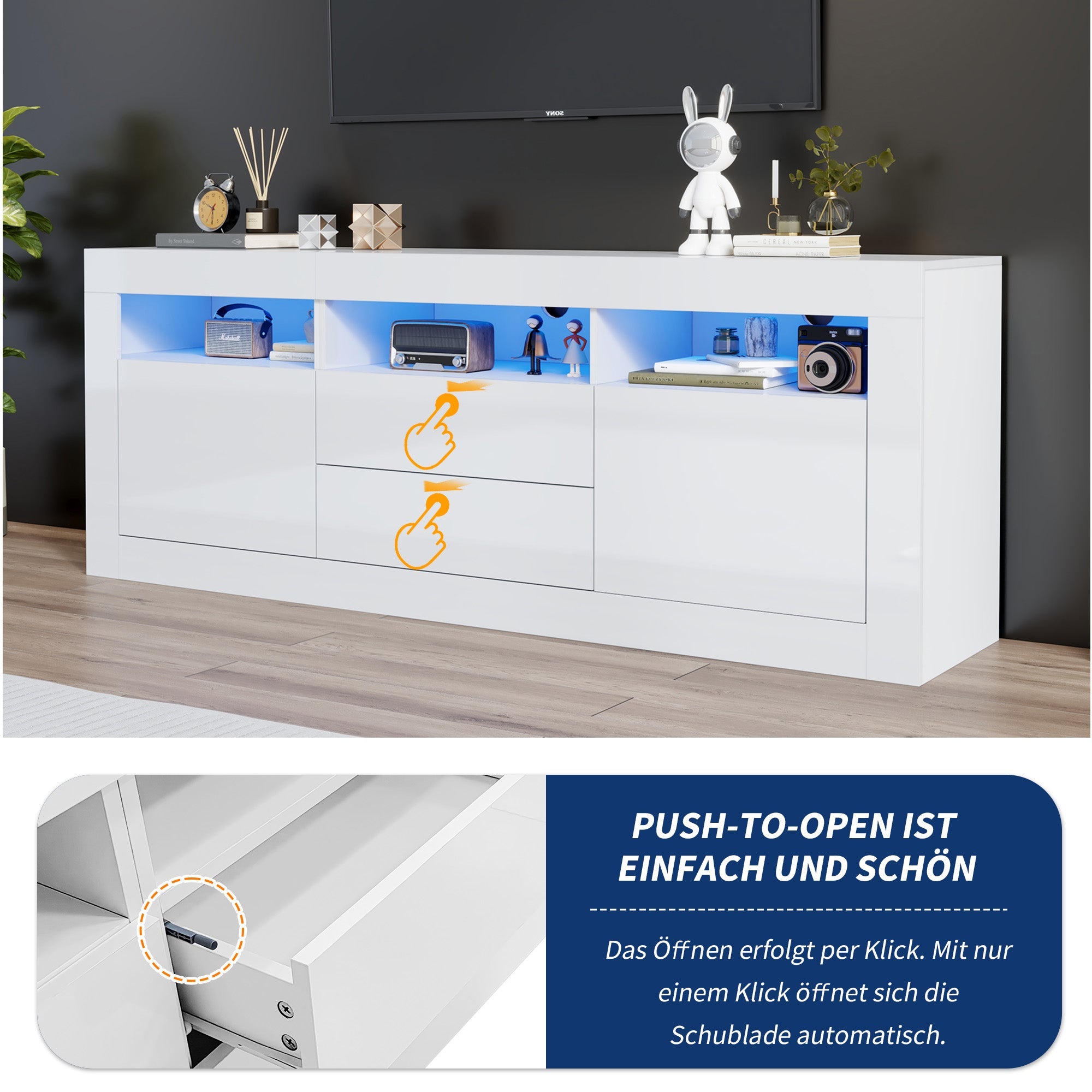 Logidon white high-gloss TV cabinet 160x35x60 cm with LED lighting