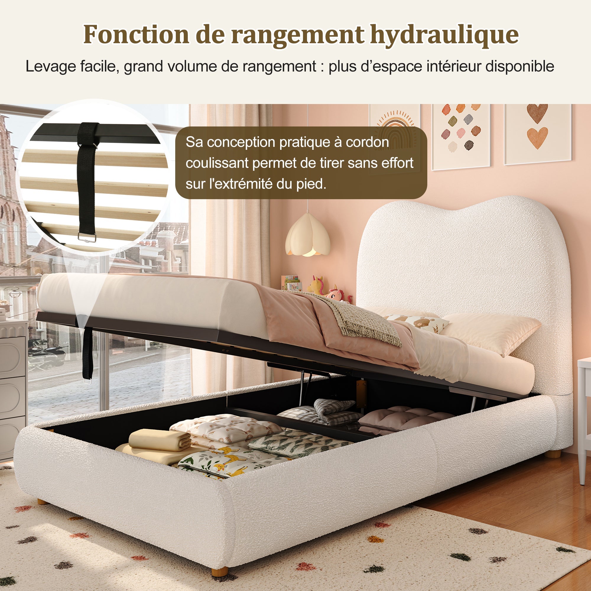 Logidon Hydraulisch Kinderbed 90 x 200 cm met Opbergruimte Beige Bouclé