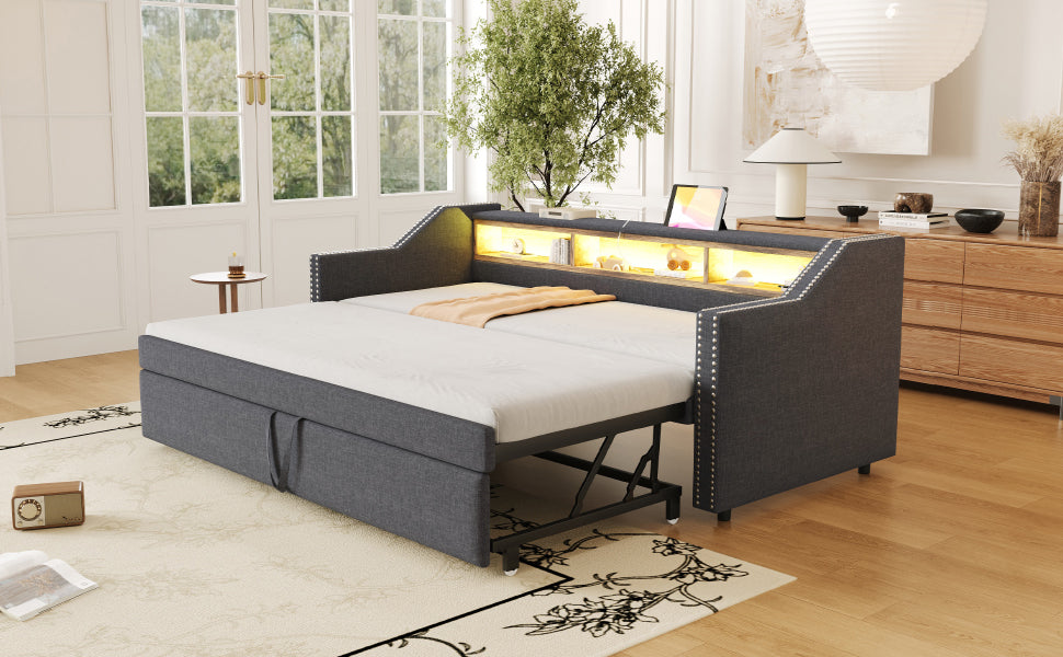 Logidon uitschuifbare slaapbank 90/180x190 cm donkergrijs LED USB