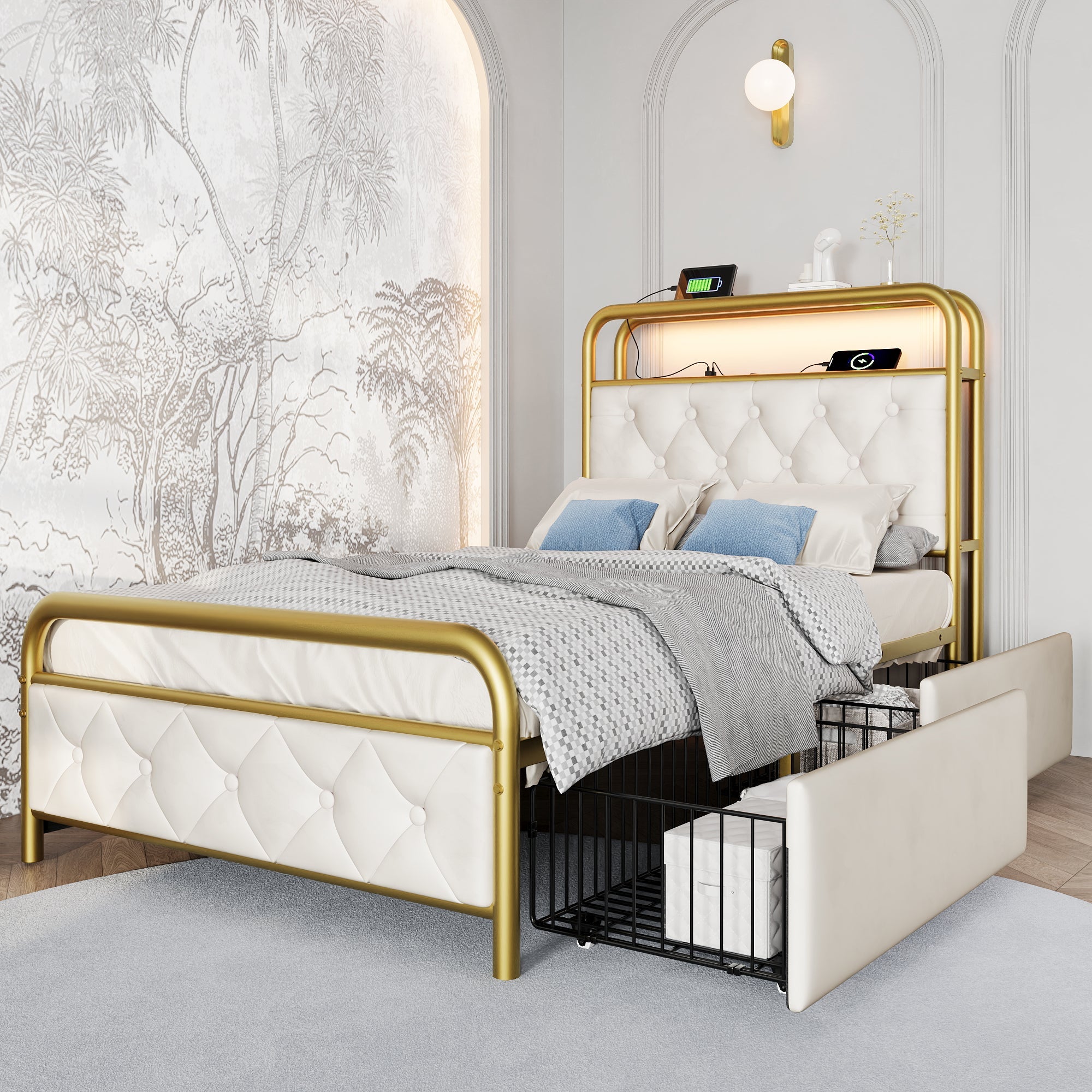 Logidon upholstered bed 90x200 USB C charging function LED white velvet drawers