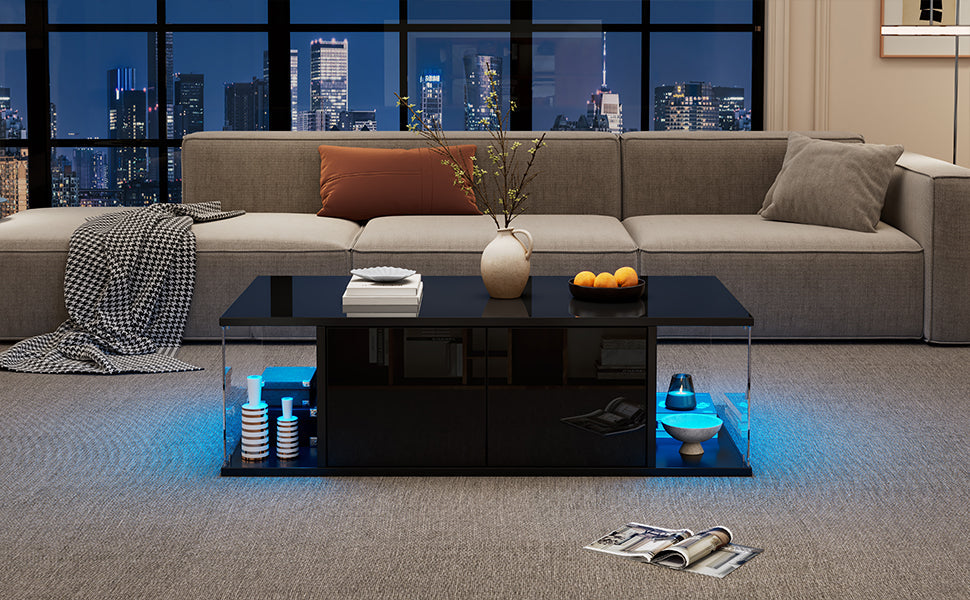 Logidon salontafel 100x50x30 cm zwart hoogglans LED 2 kasten