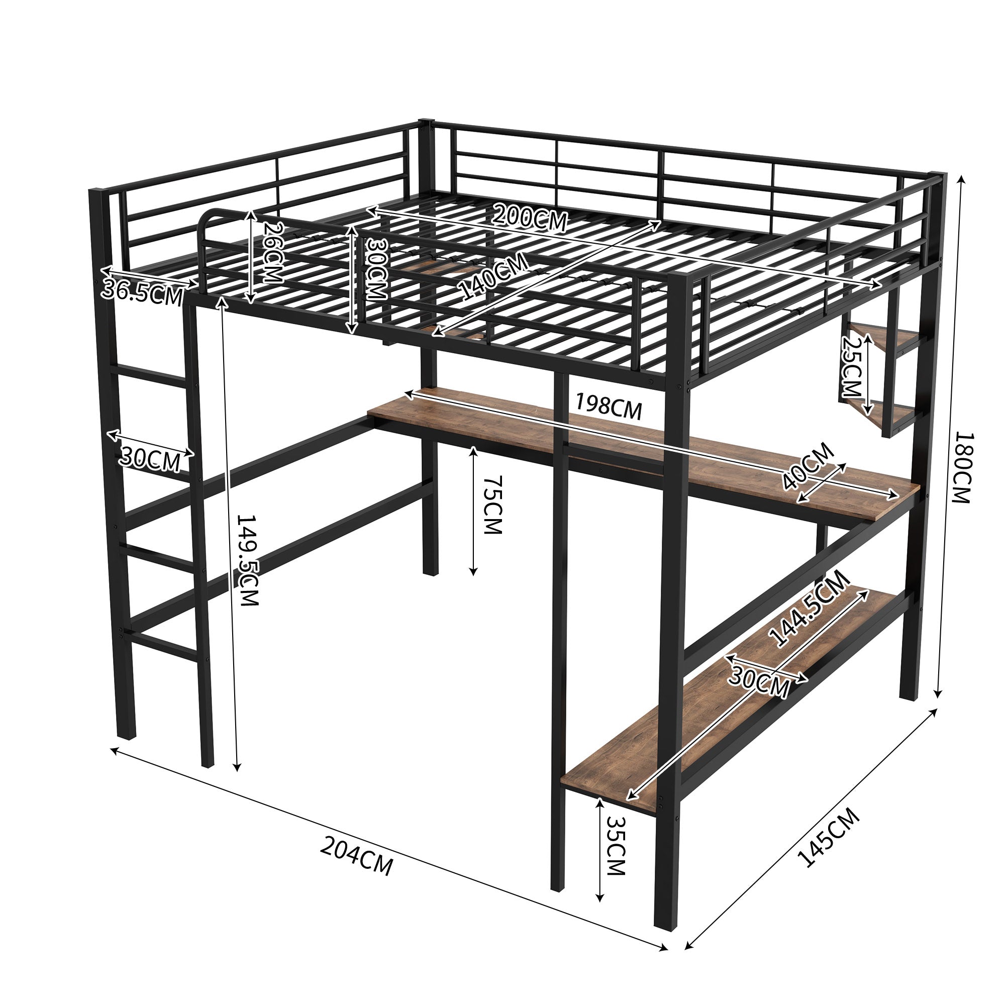 Logidon hoogslaper 140x200 zwart met bureau en planken