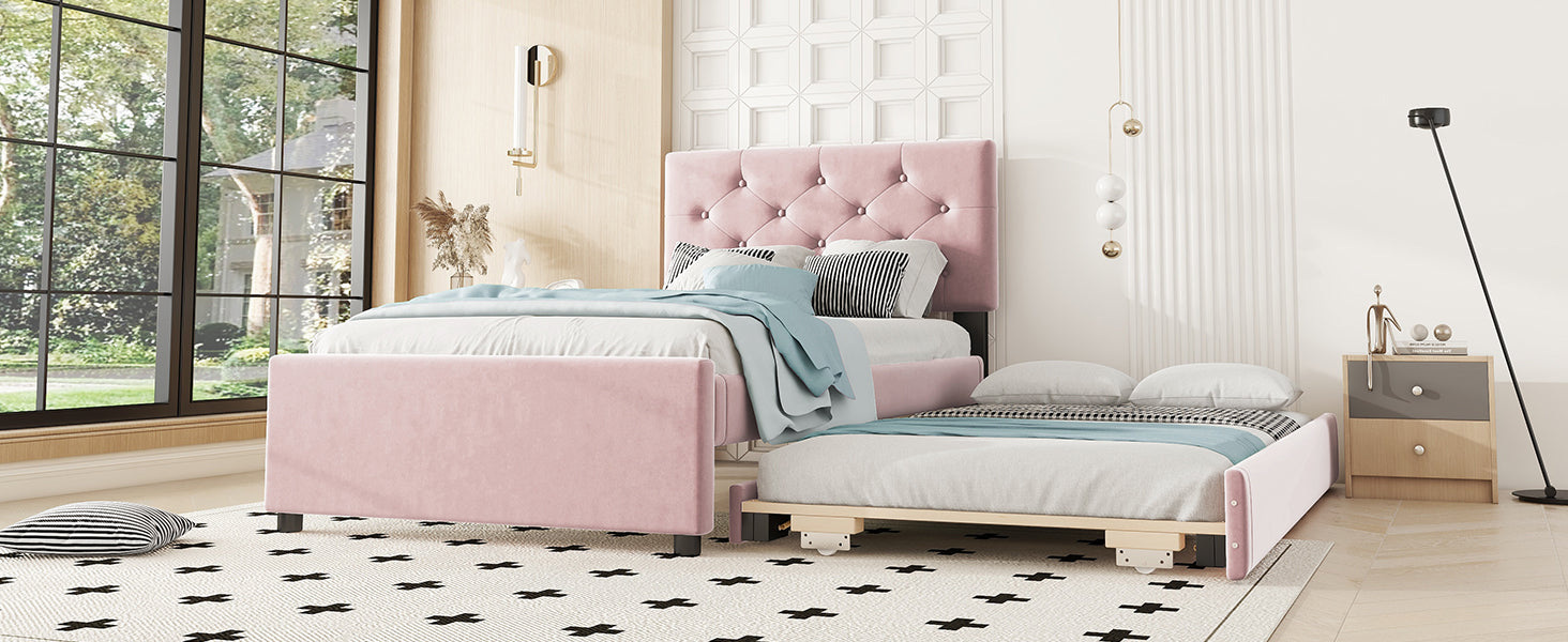 Logidon gestoffeerd bed 90x200 roze fluweel met rolcontainer
