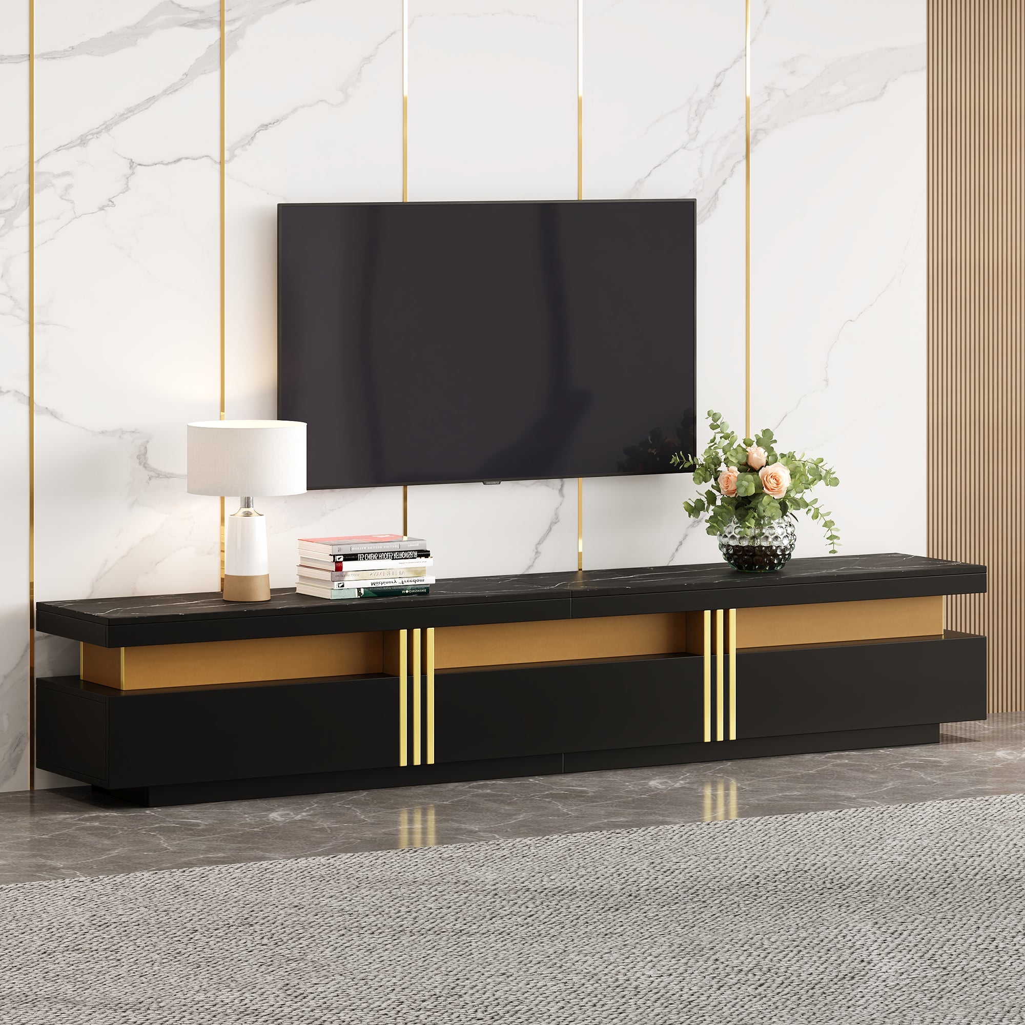Logidon Zwarte tv-wandmeubelset 2 tv-kast salontafel marmerlook