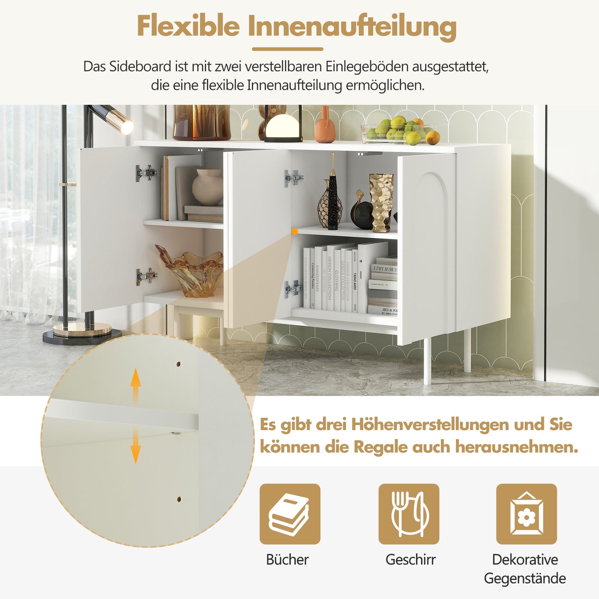 Logidon dressoir zuiver wit met 4 deuren in boogpatroon 140x42x80 cm