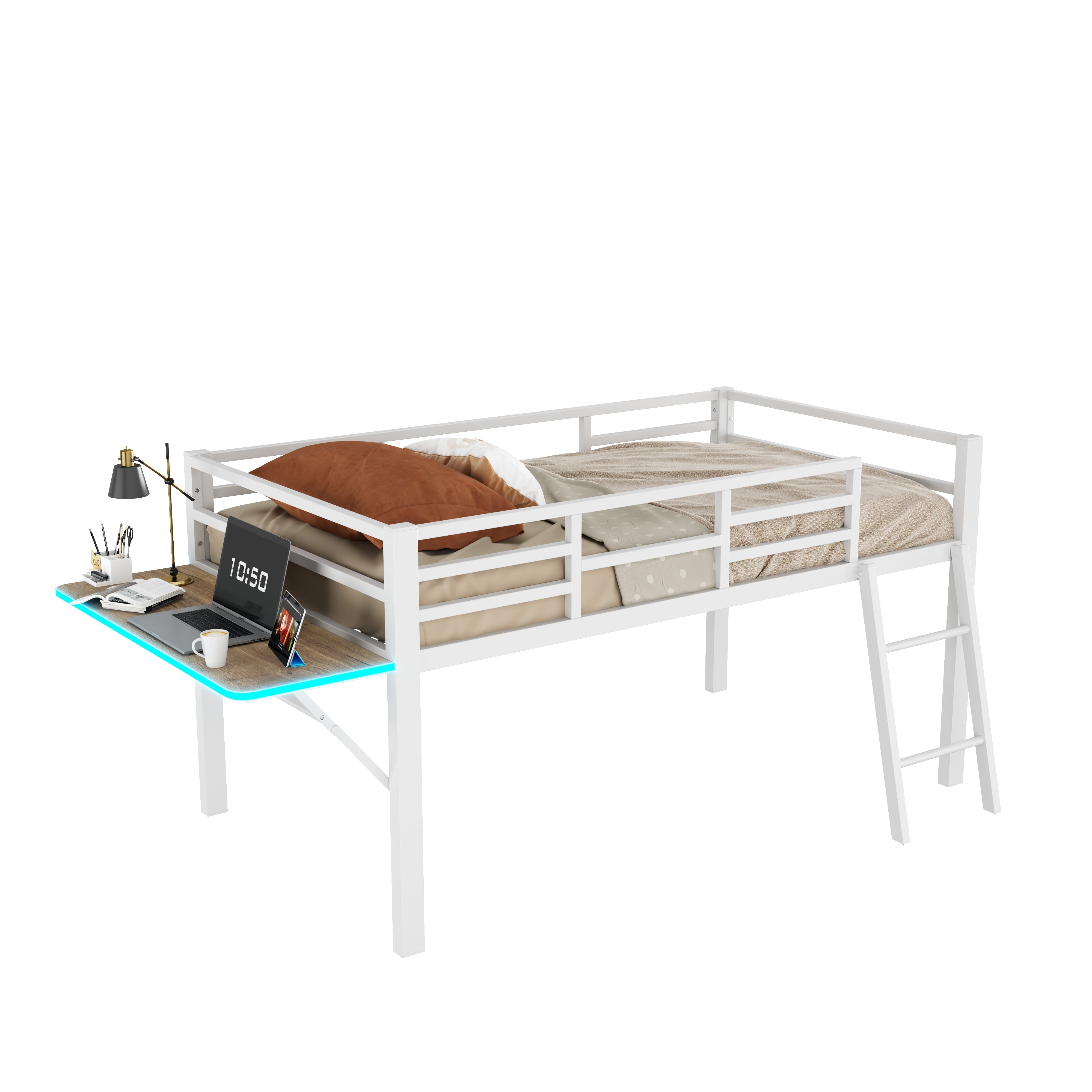 Logidon vlakbed 90 x 200 cm metalen bed wit met relingladder LED