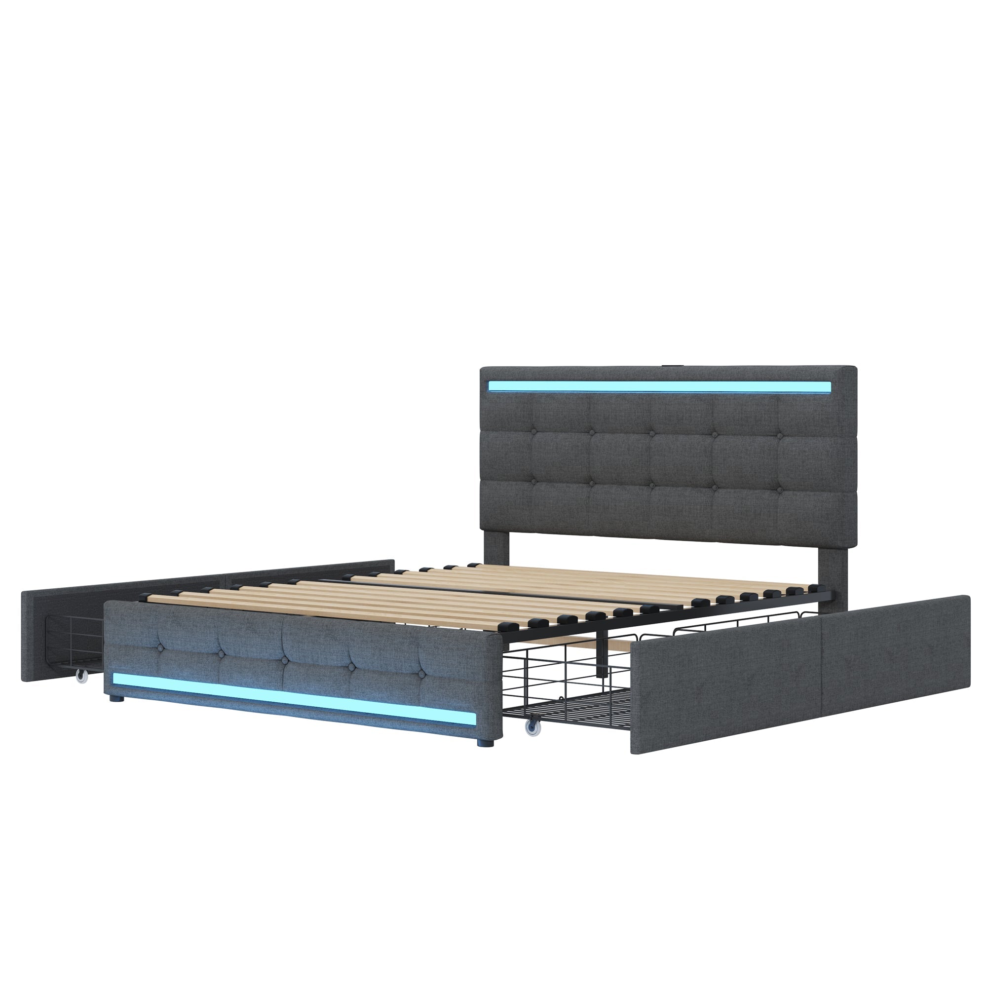 Logidon gestoffeerd bed 140x200 cm grijs LED opbergruimte USB 4 lades