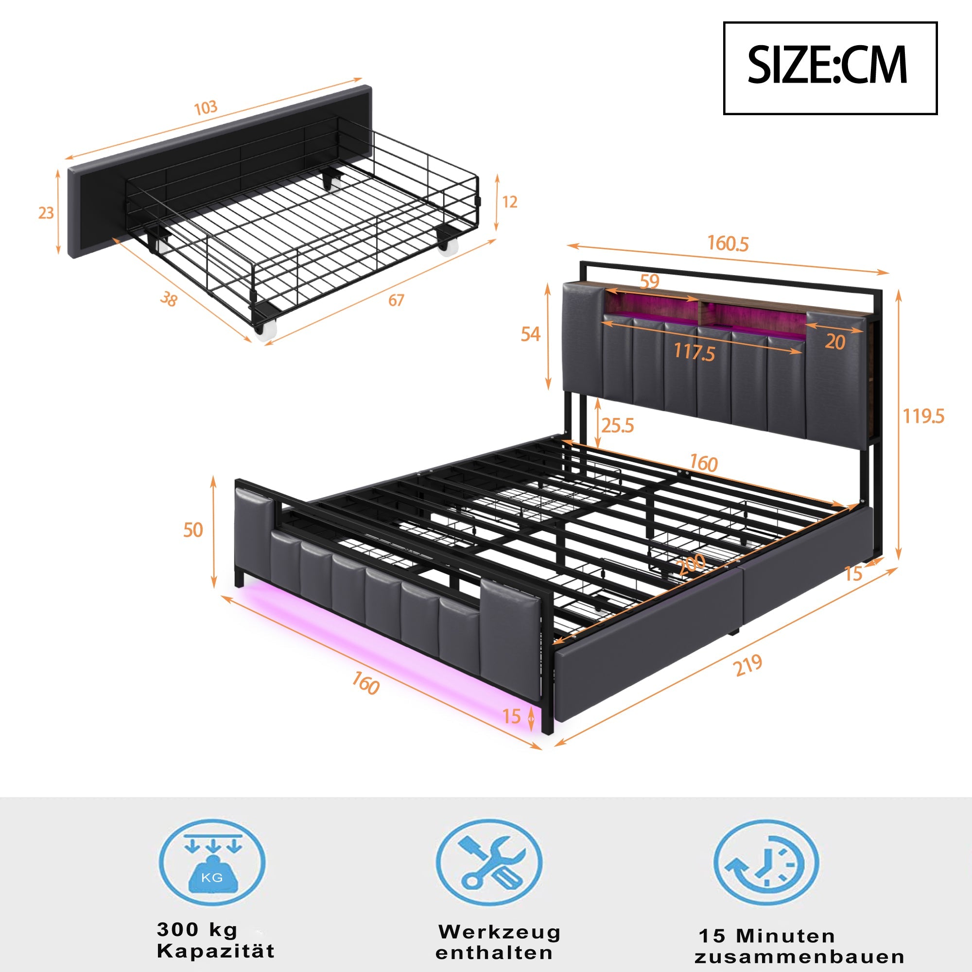 Logidon gestoffeerd bed 160x200 cm grijs kunstleer met LED USB-laden