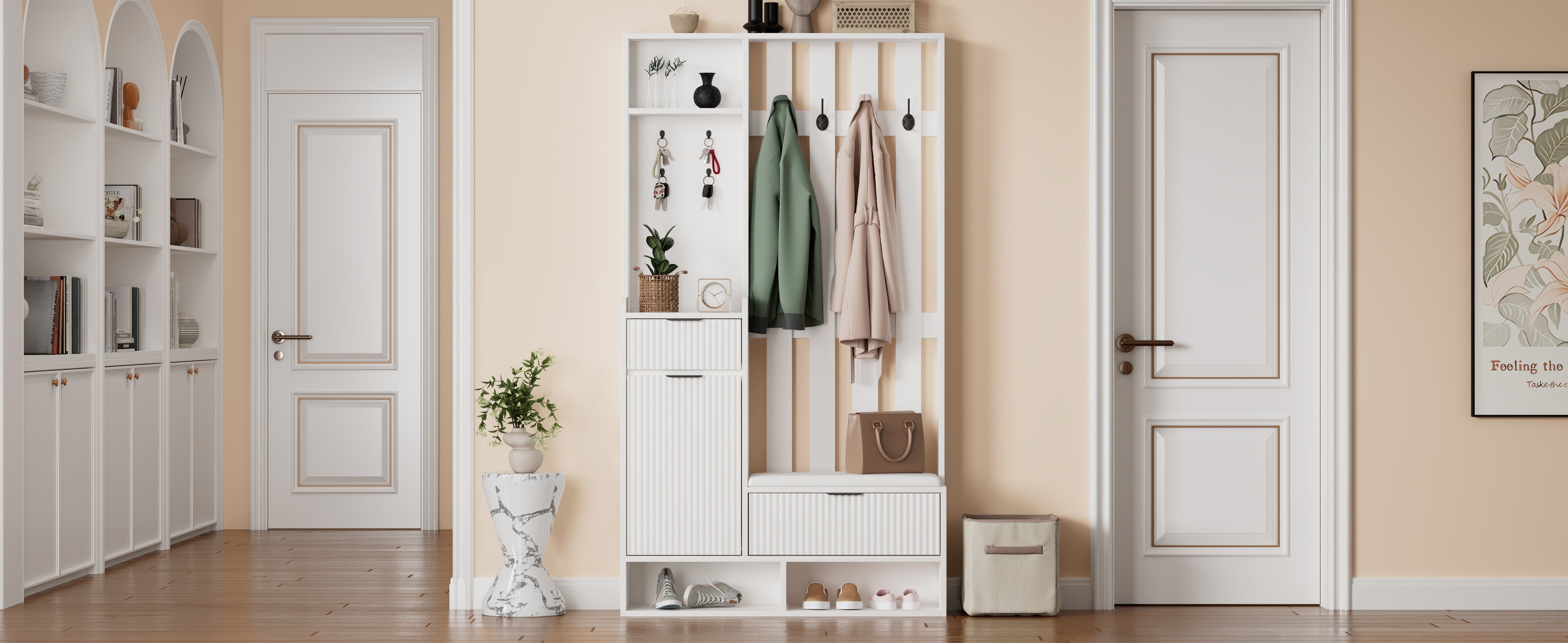 Logidon Kledingkast 6in1 Wit 100x30x180 cm Schoenenbankopberger