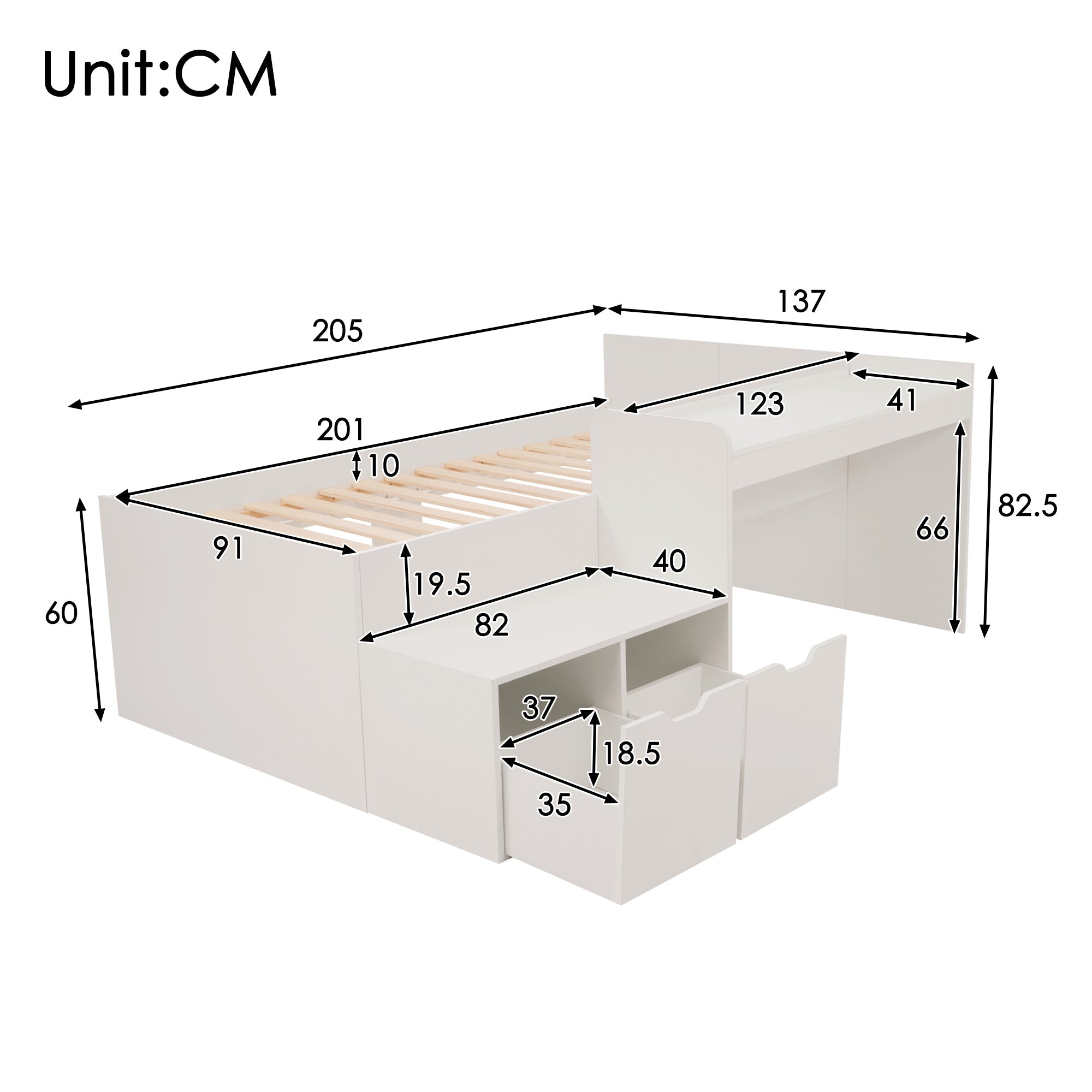 Logidon kinderbed 90x200 massief hout wit met bureau en opbergruimte