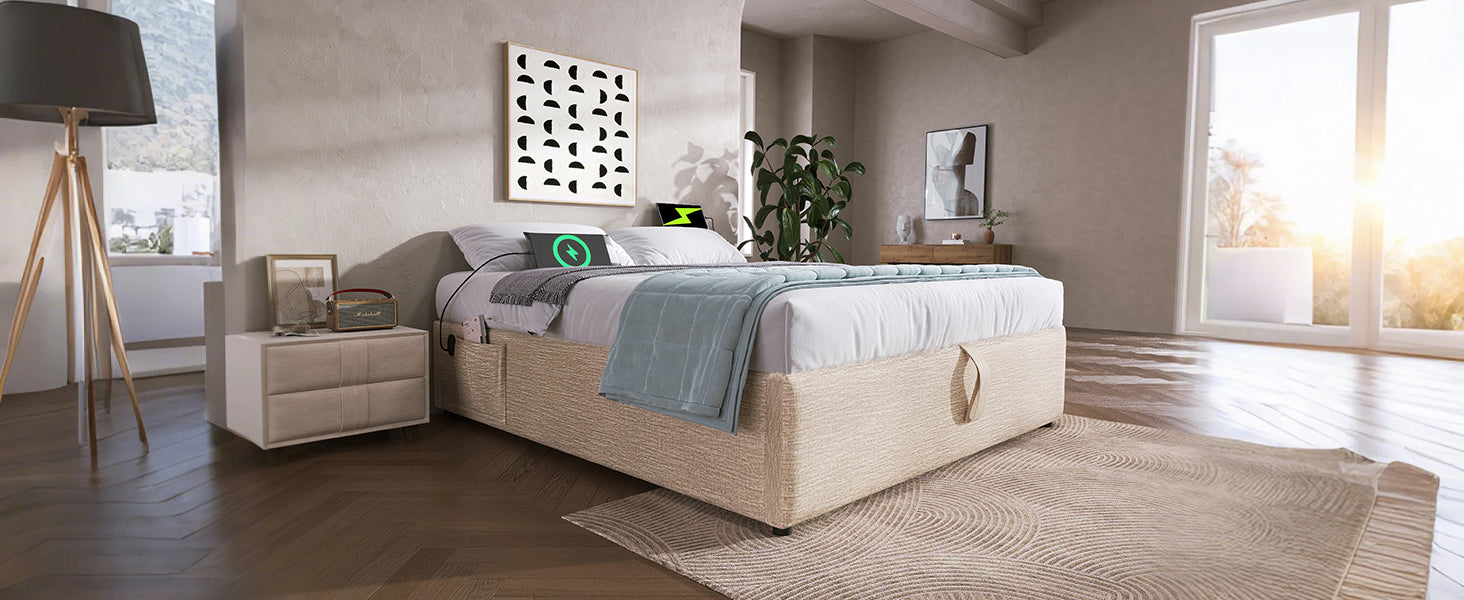 Logidon upholstered bed double bed 160x200 beige USB-C ports and storage space