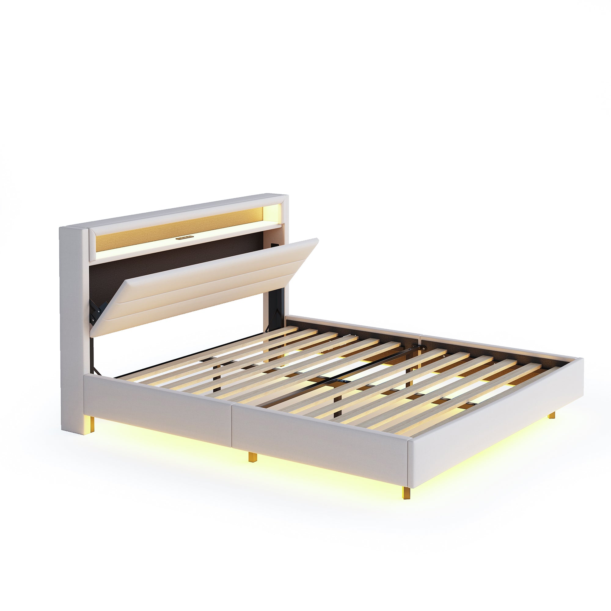 Logidon gestoffeerd bed 140x200 cm met USB oplaadpunt en LED lichtbeige