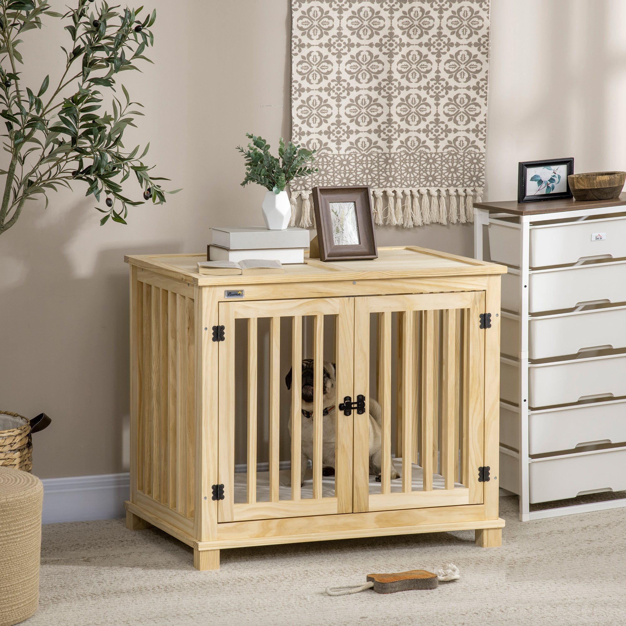 Logidon hondenkooi naturel hout crème wit 82,5×57×72 cm met kussen