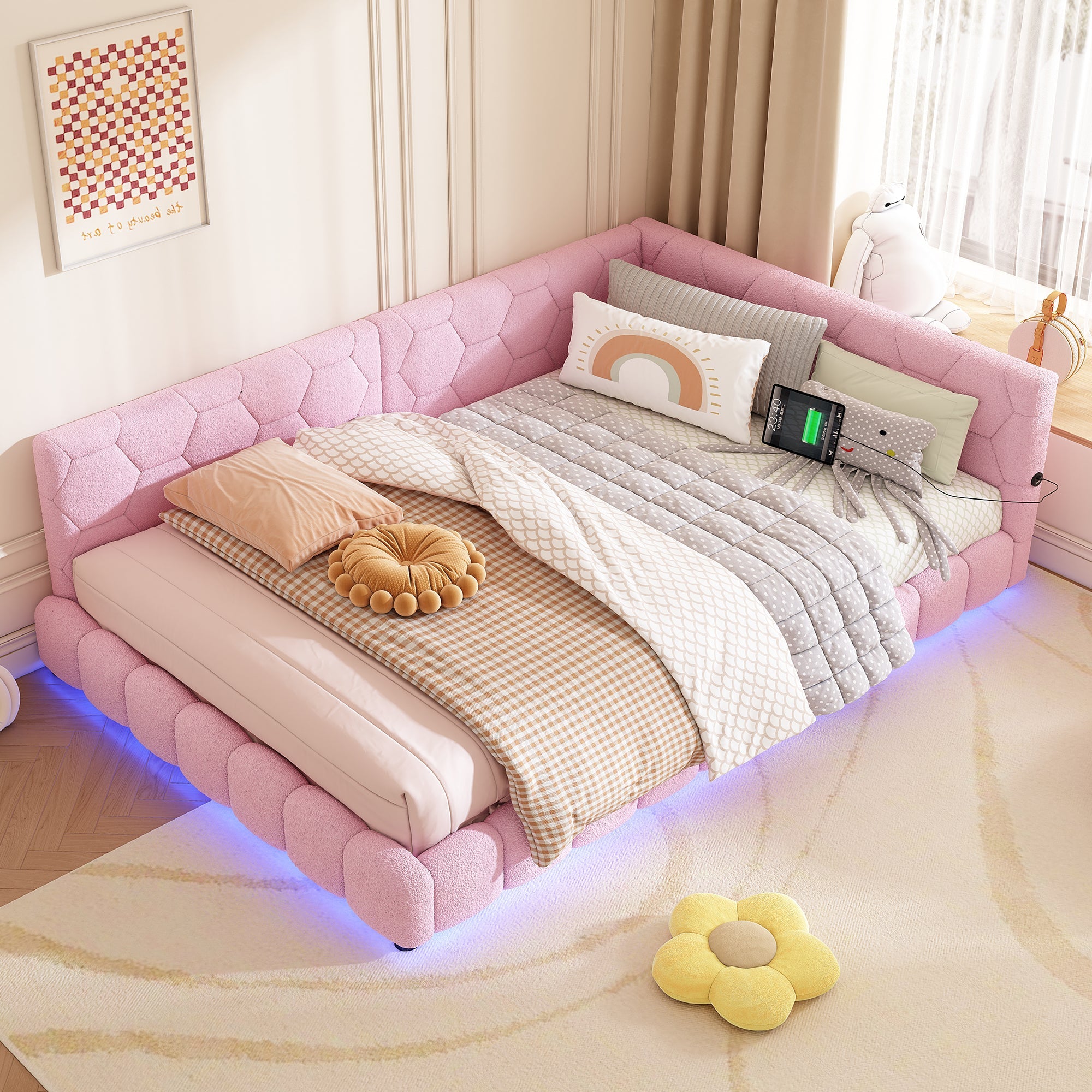 Logidon Daybed 140x200cm slaapbank roze fluweel met lattenbodem