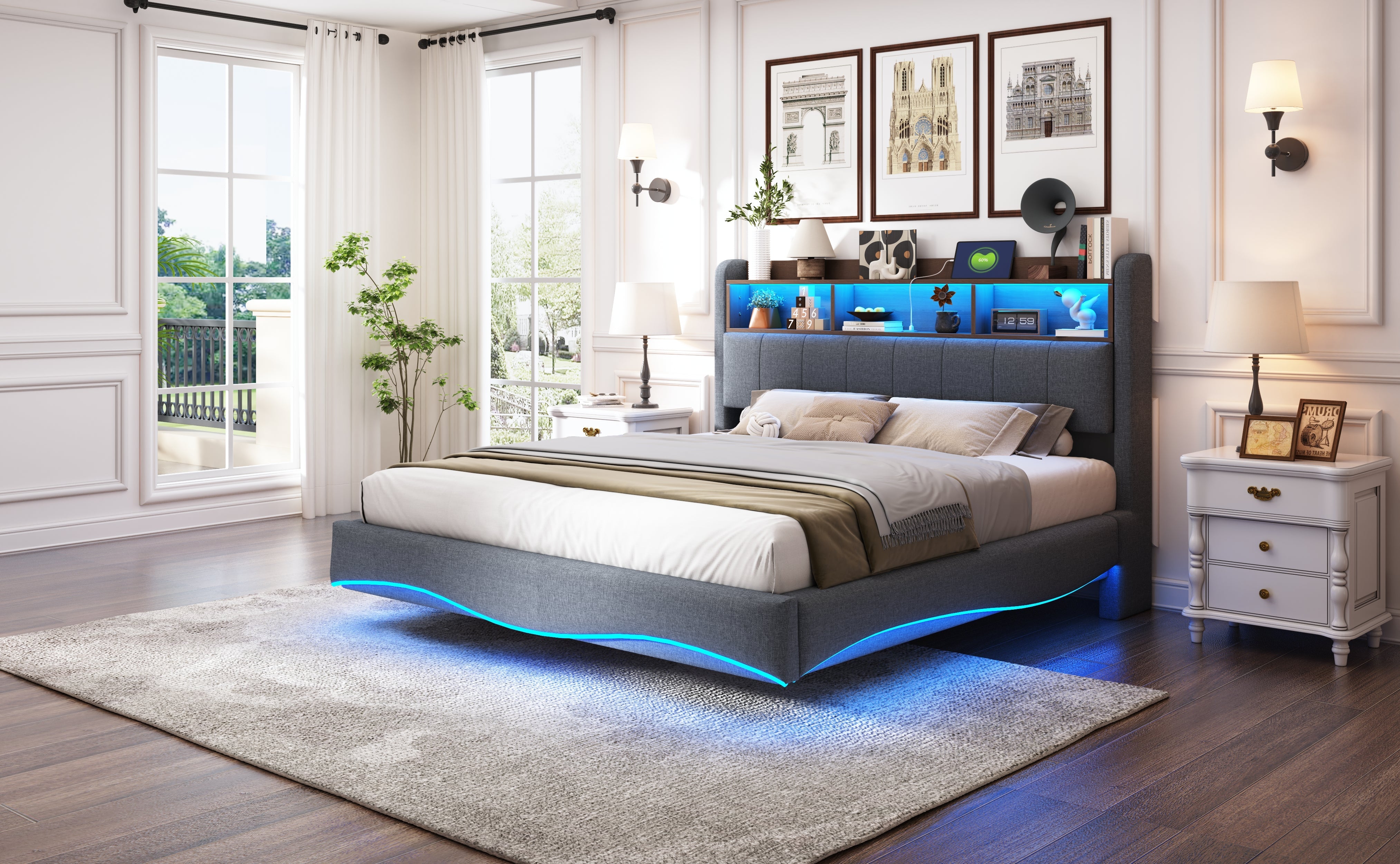 Logidon hangend gestoffeerd bed 160x200 grijs met LED-licht USB TypeC