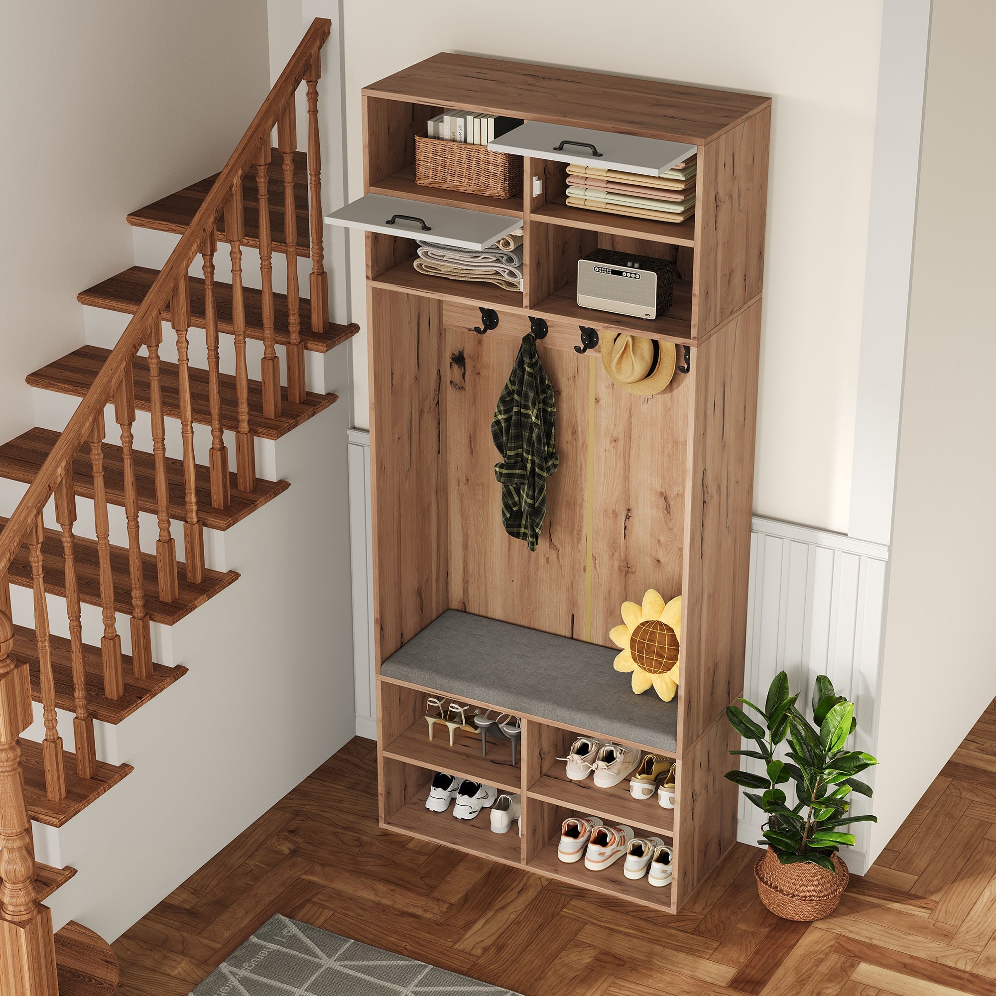 Logidon garderobekast met bank en 5 haken naturel wit 80x35x185cm
