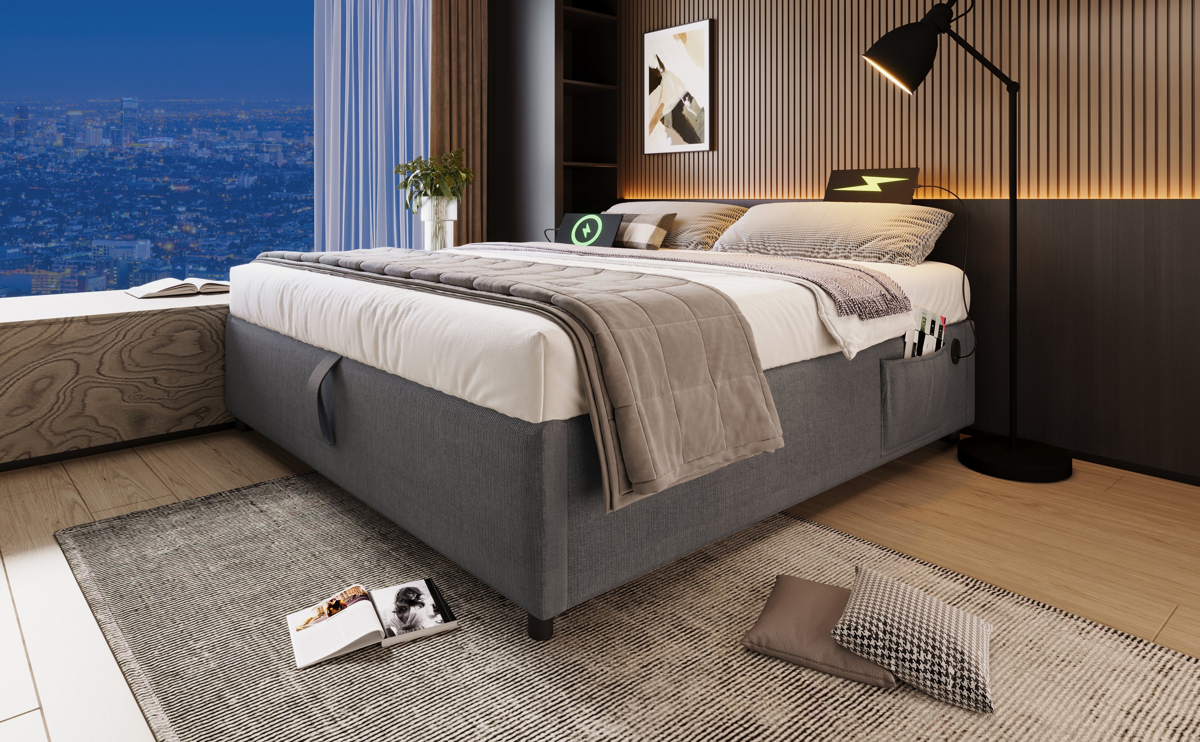 Logidon gestoffeerd bed tweepersoonsbed 140x200 cm met USB C opbergruimte grijs
