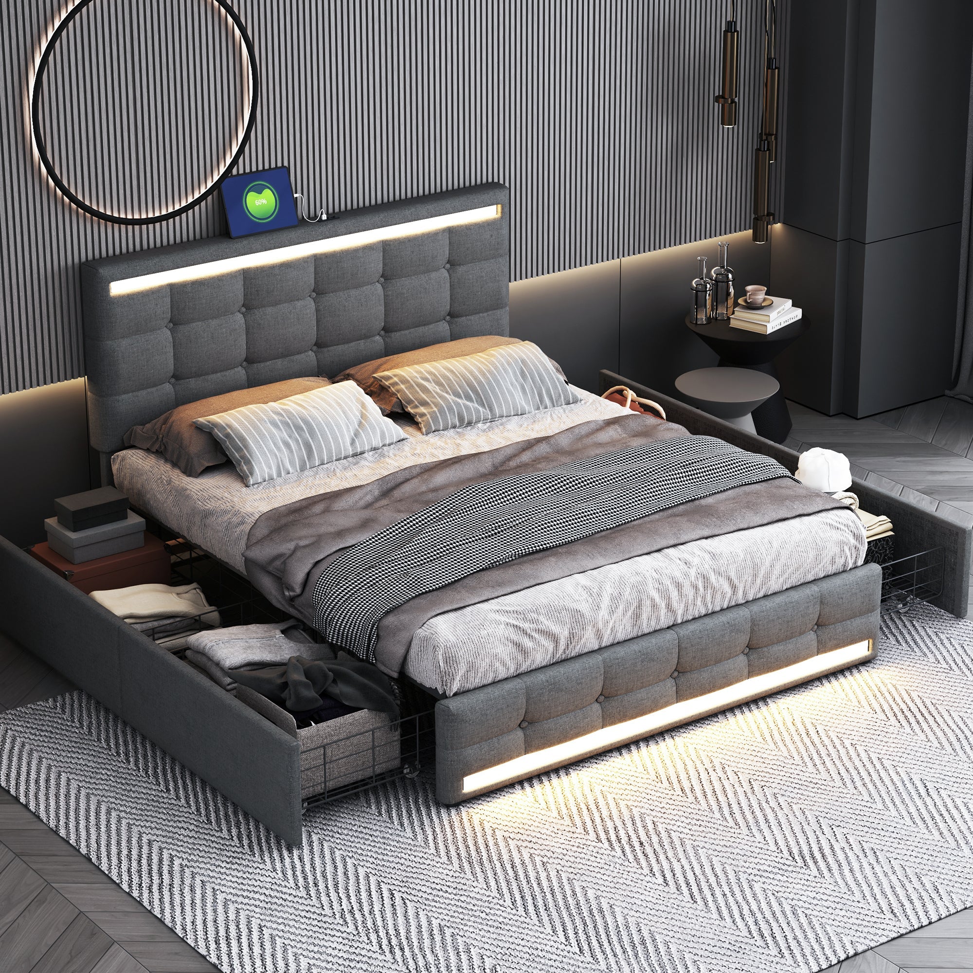 Logidon gestoffeerd bed 140x200 cm grijs LED opbergruimte USB 4 lades