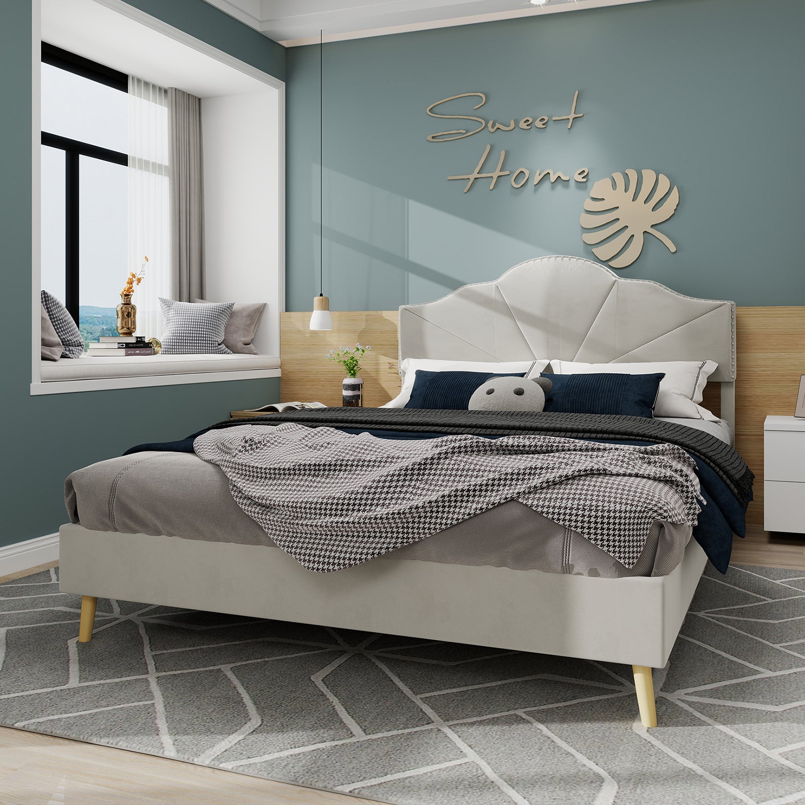 Logidon bedstee 160x200 beige met elegant hoofdbord